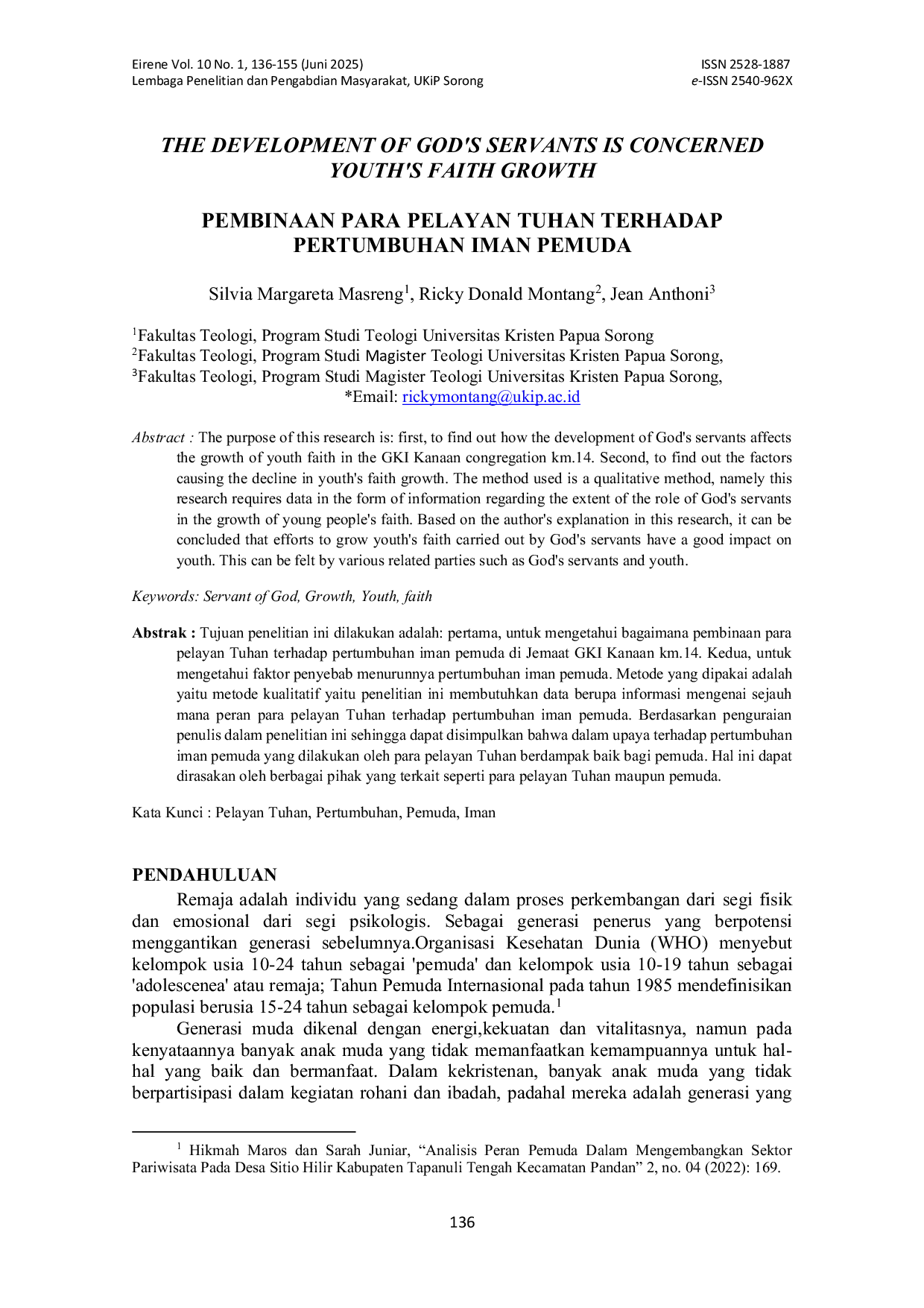 JURIS Pembinaan Para Pelayan Tuhan Terhadap Pertumbuhan Iman Pemuda