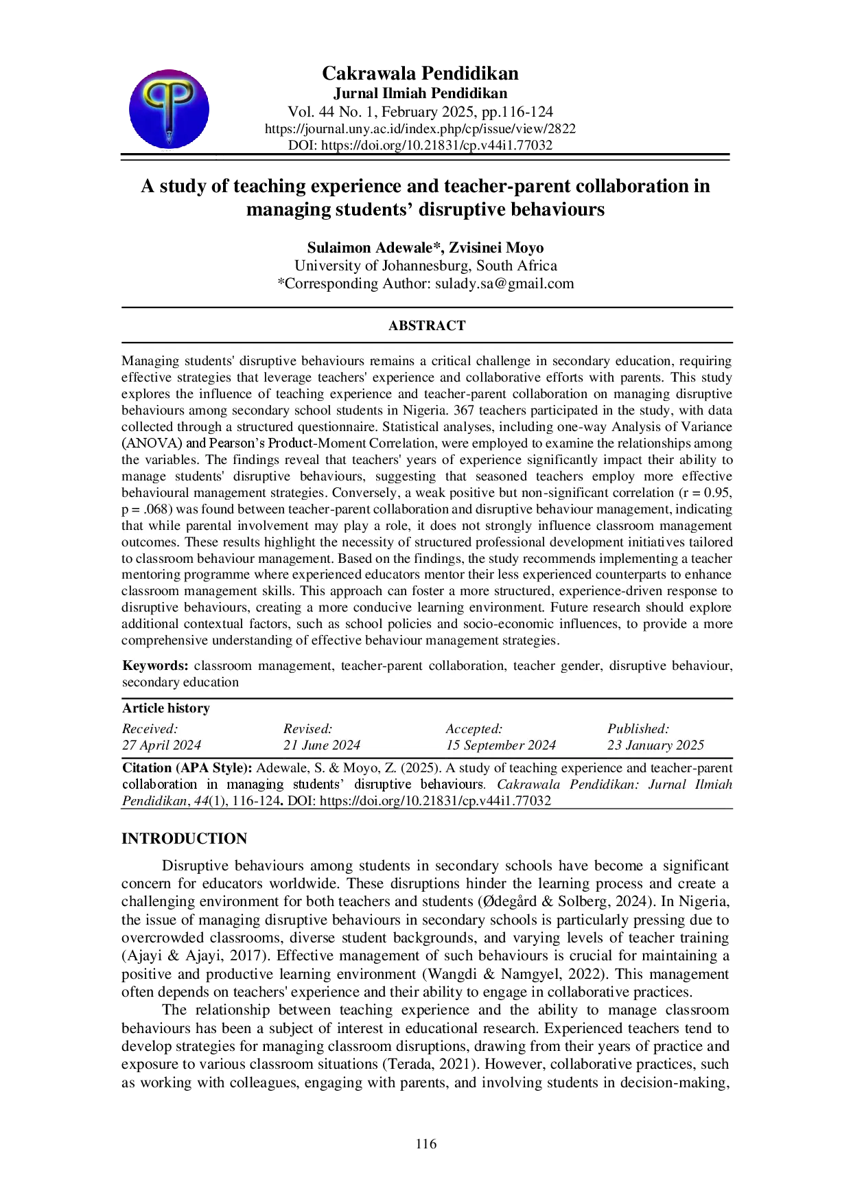 juris A study of teaching experience and teacher parent collaboration in managing students disruptive behaviours