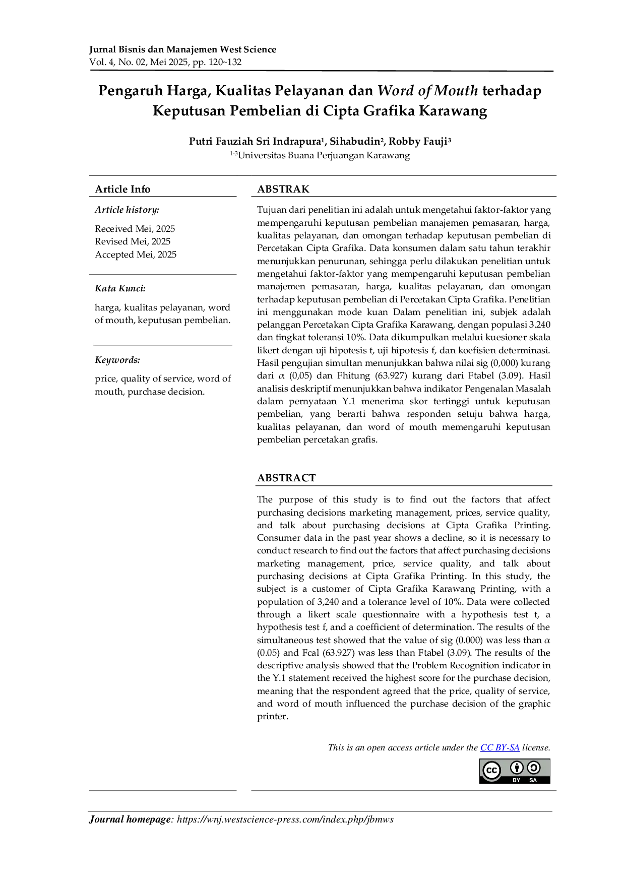 JURIS Pengaruh Harga Kualitas Pelayanan dan Word of Mouth terhadap Keputusan Pembelian di Cipta Grafika Karawang