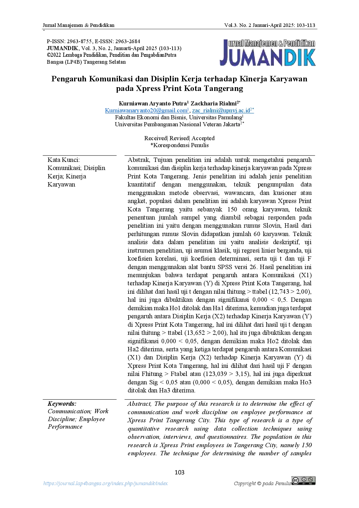 juris Pengaruh Komunikasi dan Disiplin Kerja terhadap Kinerja Karyawan pada Xpress Print Kota Tangerang