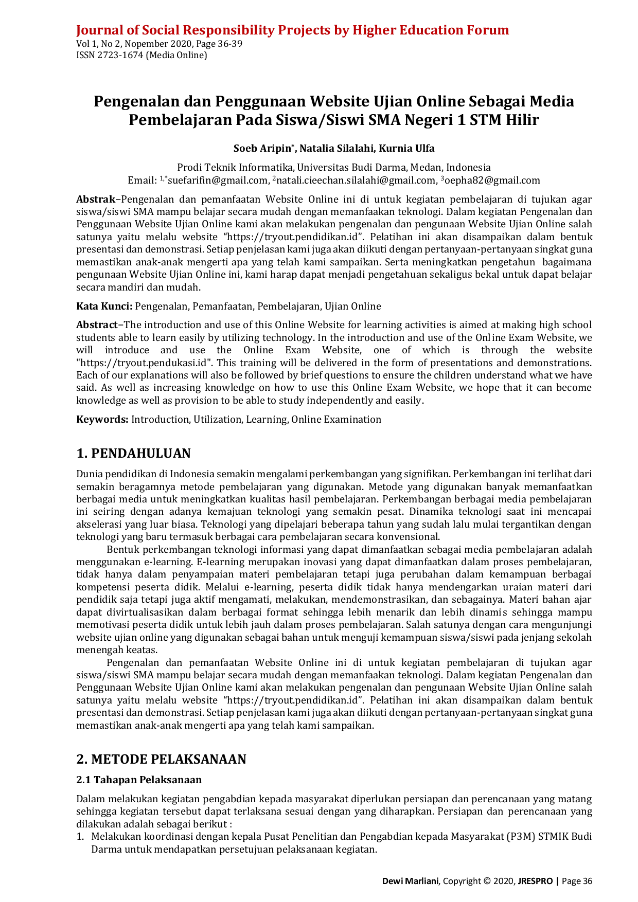 JURIS Pengenalan dan Penggunaan Website Ujian Online Sebagai Media Pembelajaran Pada Siswa Siswi SMA Negeri 1 STM Hilir