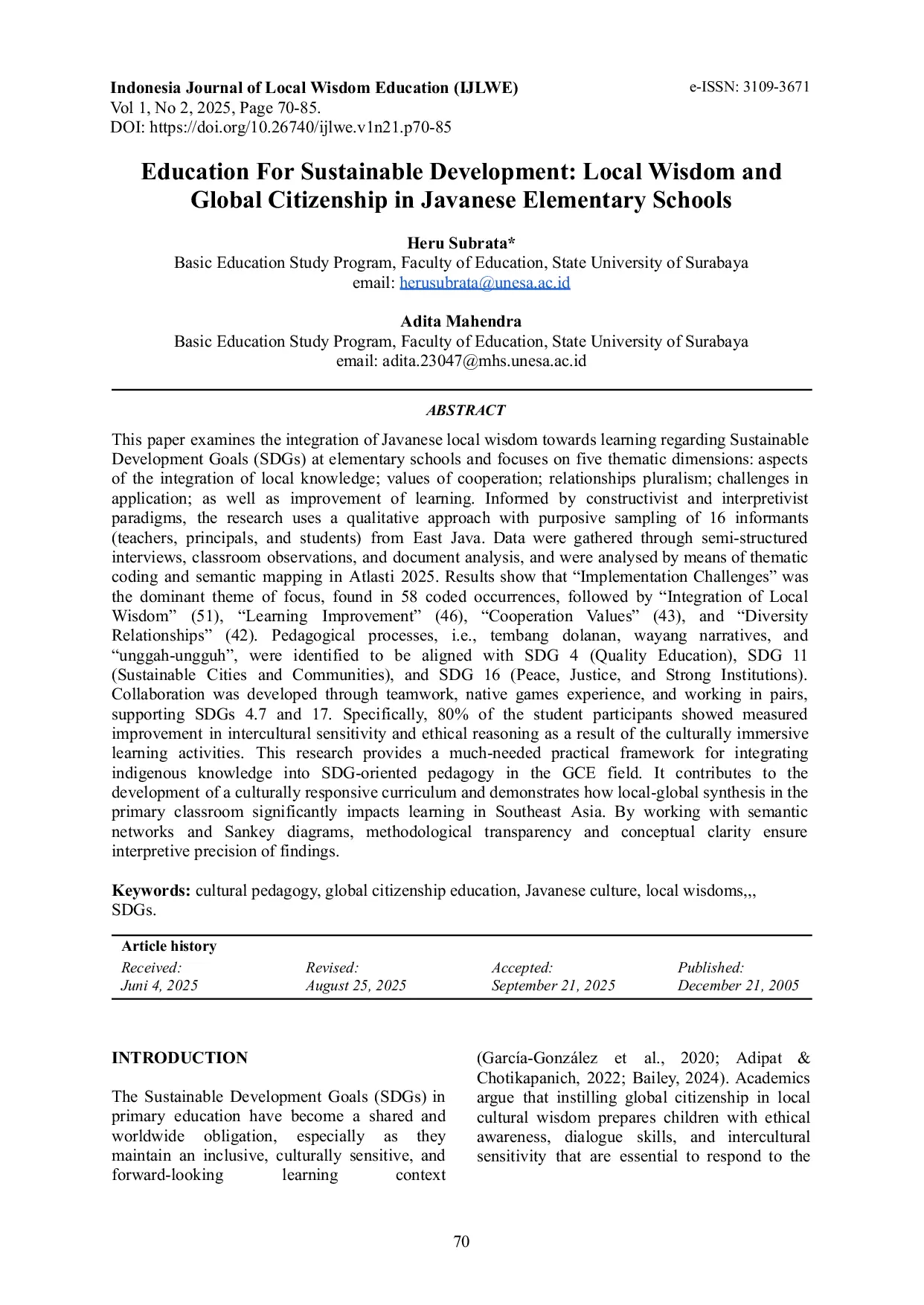 JURIS Education For Sustainable Development Local Wisdom and Global Citizenship in Javanese Elementary Schools