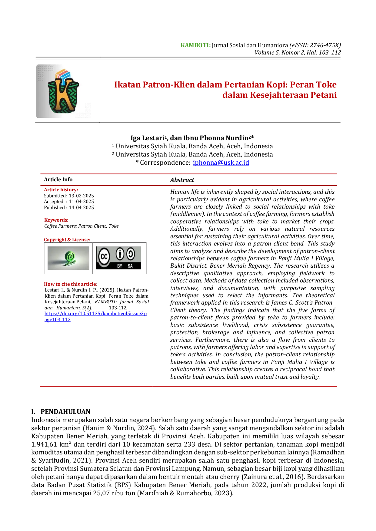 JURIS Ikatan Patron Klien dalam Pertanian Kopi Peran Toke dalam Kesejahteraan Petani