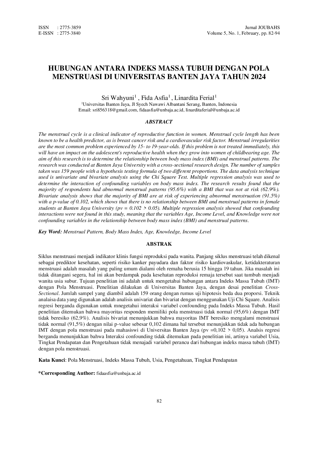 JURIS Hubungan Antara Indeks Massa Tubuh Dengan Pola Menstruasi Di Universitas Banten Jaya Tahun 2024