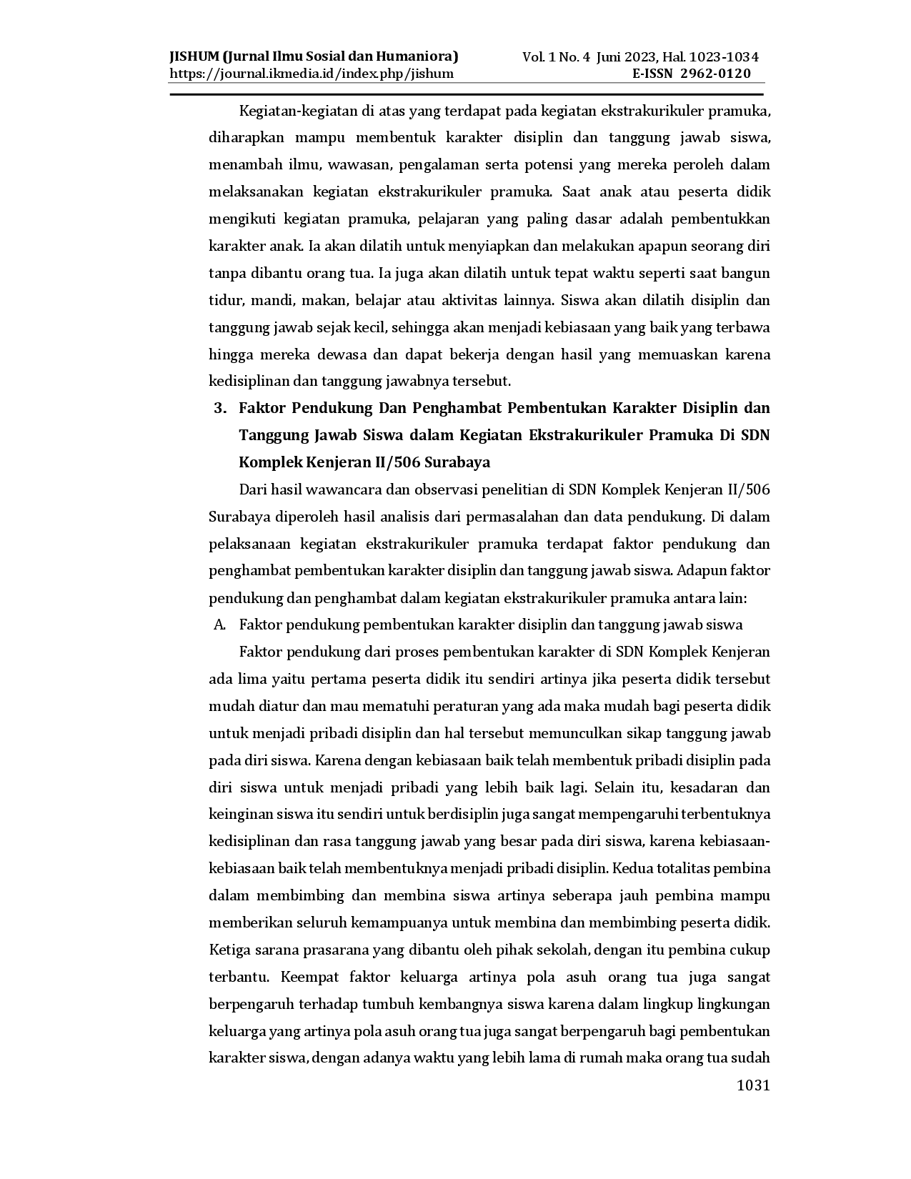 juris Strategi Pembentukan Karakter Disiplin dan Tanggung Jawab Siswa Melalui Kegiatan Ekstrakurikuler Pramuka di SDN Komplek Kenjeran II 506 Surabaya