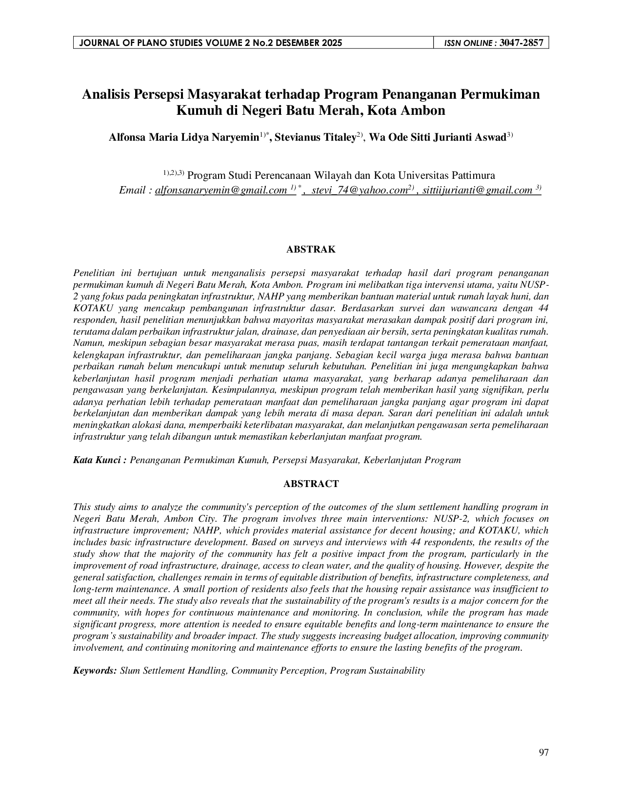 JURIS Analisis Persepsi Masyarakat terhadap Program Penanganan Permukiman Kumuh di Negeri Batu Merah Kota Ambon