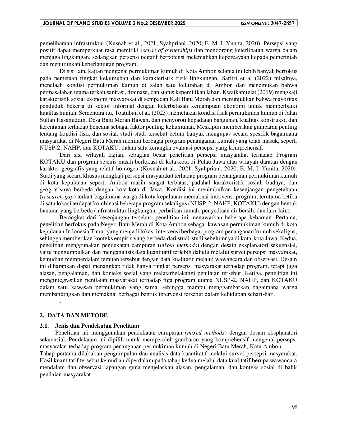 JURIS Analisis Persepsi Masyarakat terhadap Program Penanganan Permukiman Kumuh di Negeri Batu Merah Kota Ambon