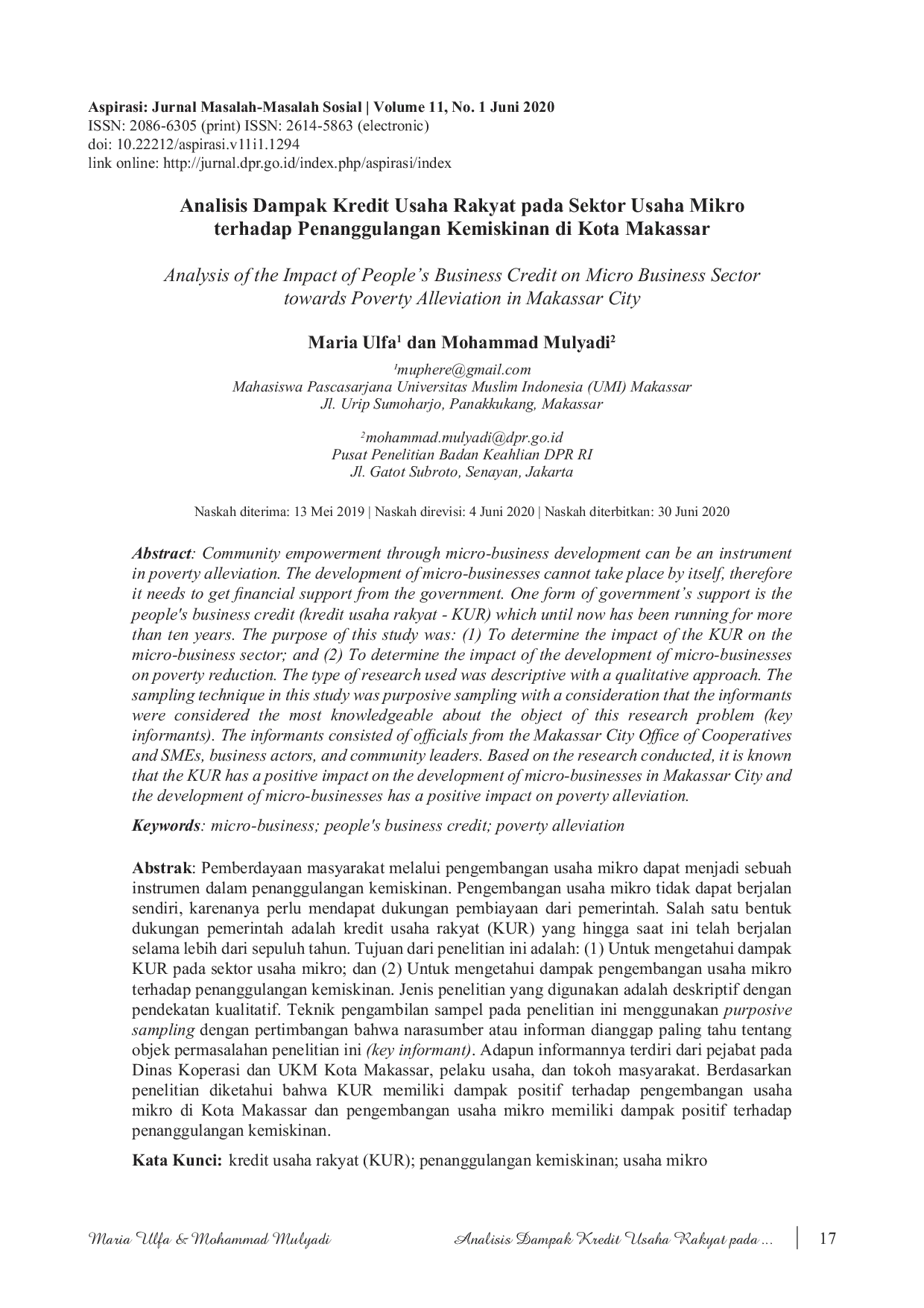JURIS Analisis Dampak Kredit Usaha Rakyat pada Sektor Usaha Mikro terhadap Penanggulangan Kemiskinan di Kota Makassar