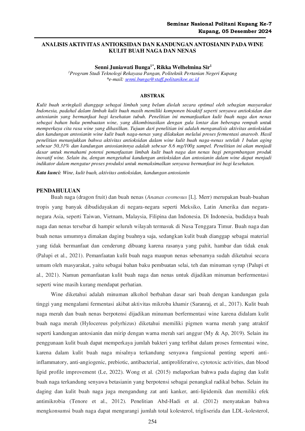 JURIS Analisis Aktivitas Antioksidan dan Kandungan Antosianin pada Wine Kulit Buah Naga dan Nenas