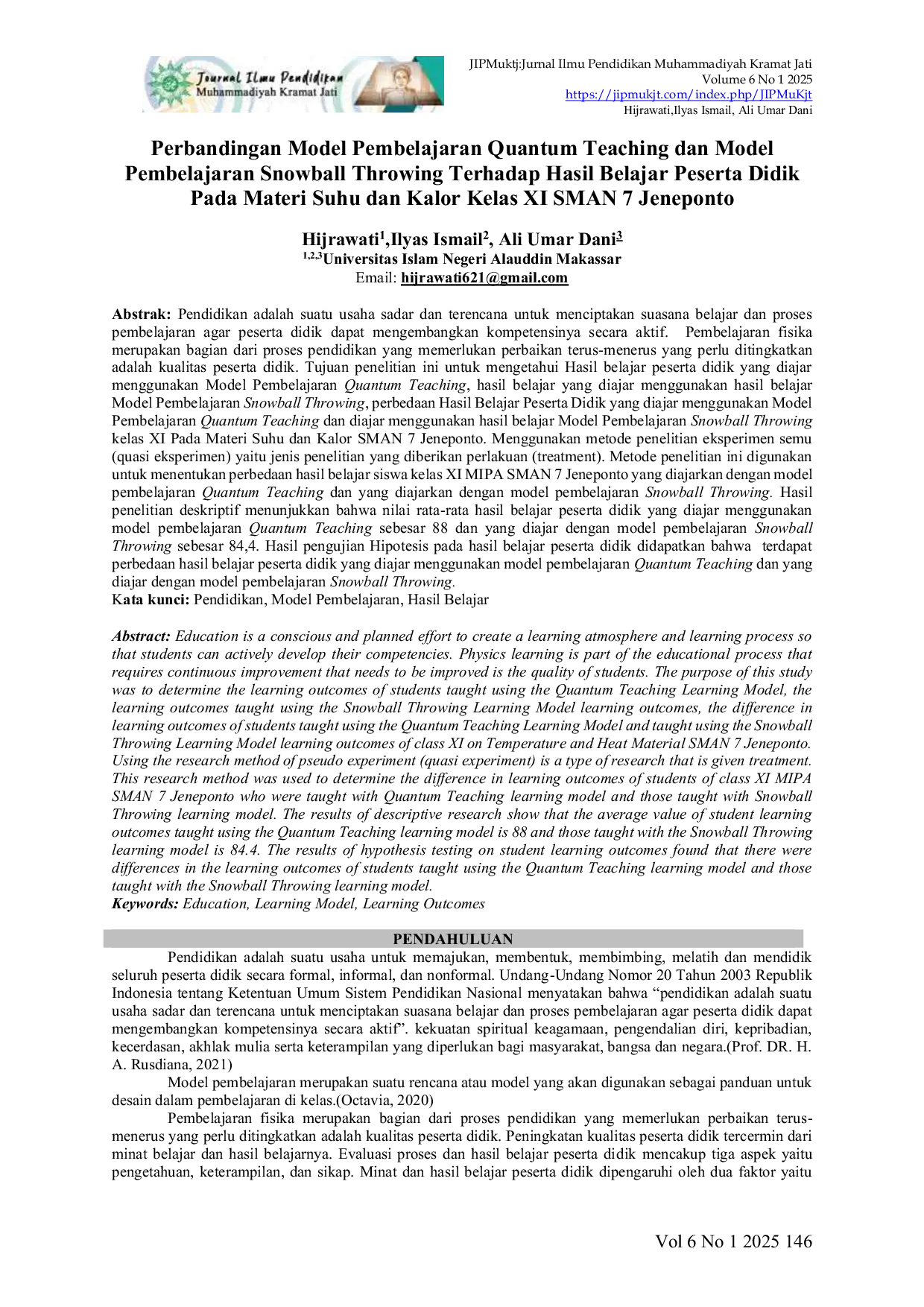 JURIS Perbandingan Model Pembelajaran Quantum Teaching dan Model Pembelajaran Snowball Throwing Terhadap Hasil Belajar Peserta Didik Pada Materi Suhu dan Kalor Kelas XI SMAN 7 Jeneponto