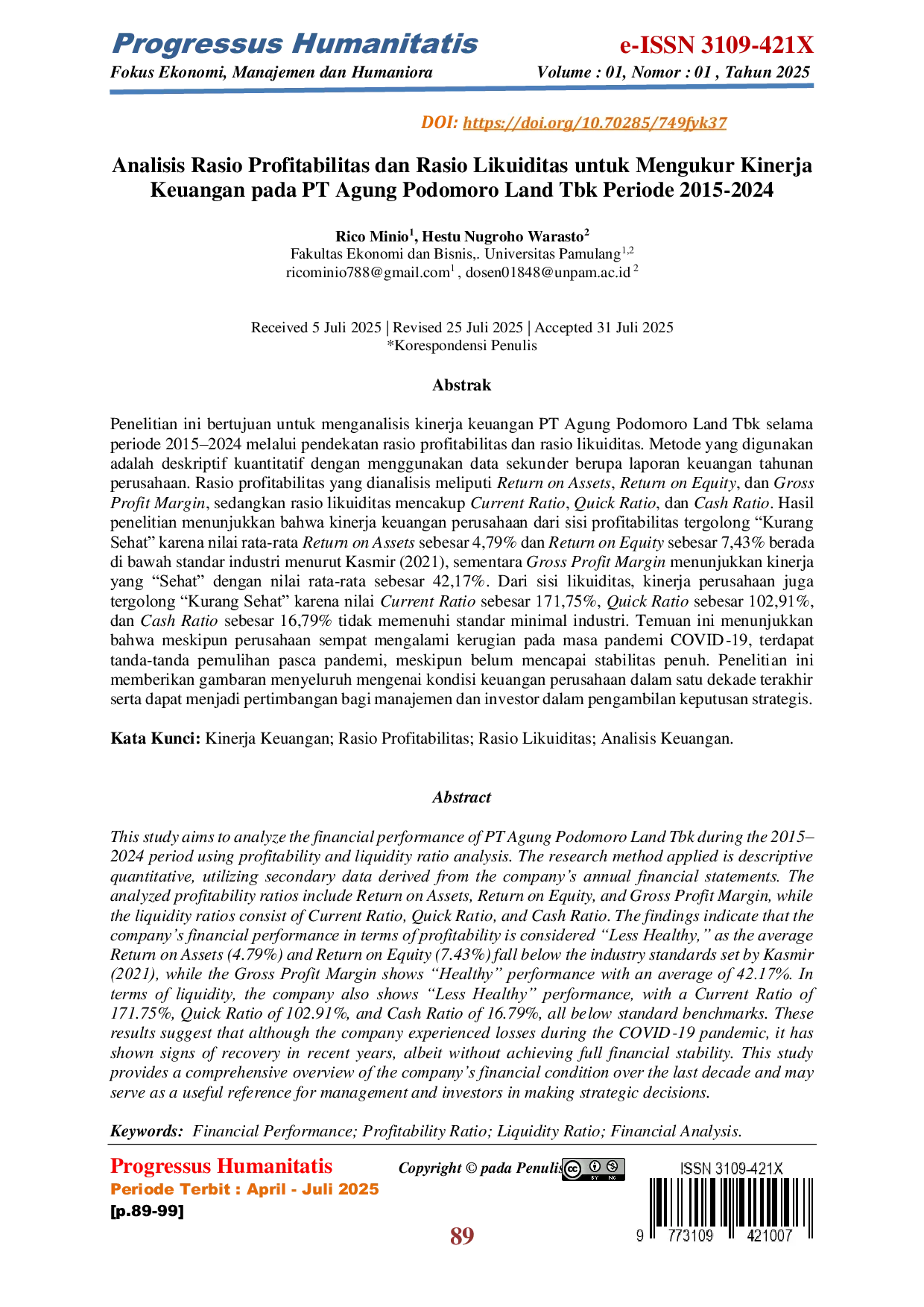JURIS Analisis Rasio Profitabilitas dan Rasio Likuiditas untuk Mengukur Kinerja Keuangan pada PT Agung Podomoro Land Tbk Periode 2015 2024