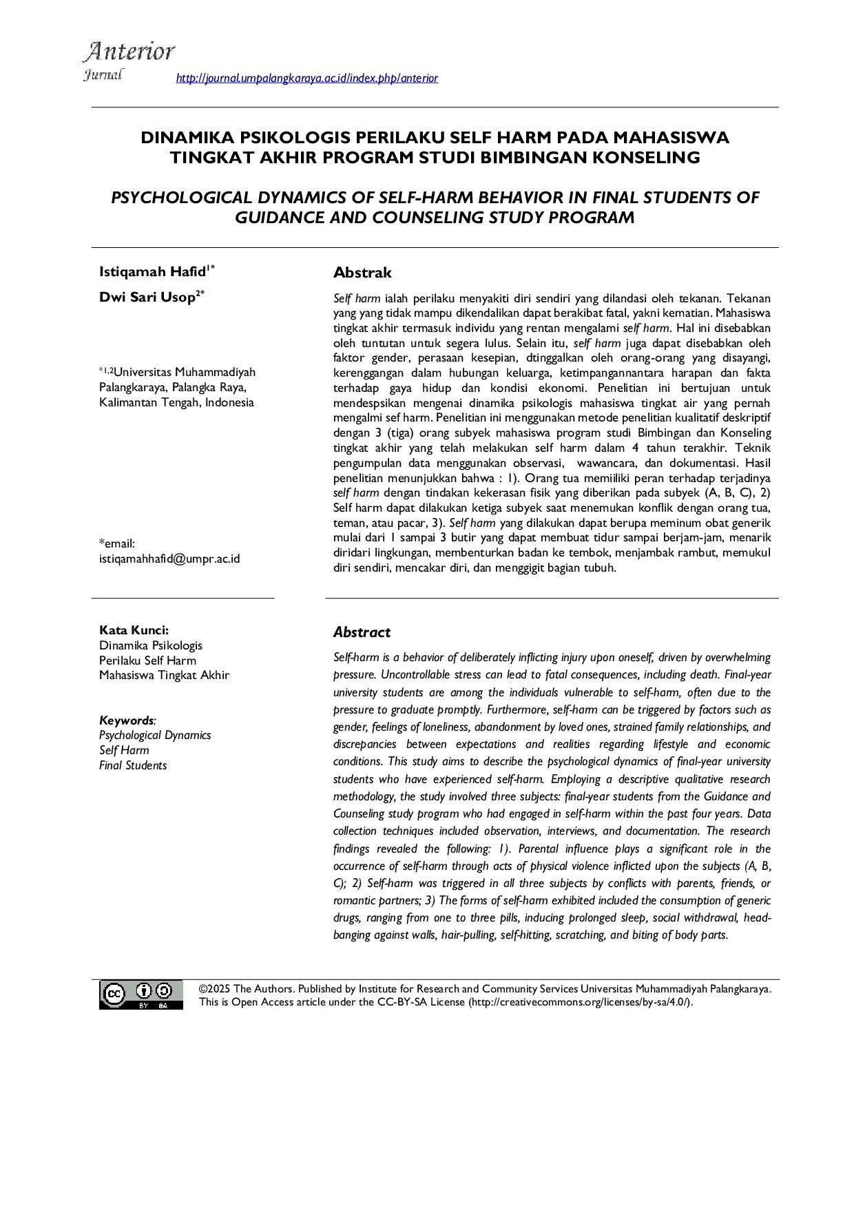 JURIS Dinamika Psikologis Perilaku Self Harm pada Mahasiswa Tingkat Akhir Program Studi Bimbingan Konseling