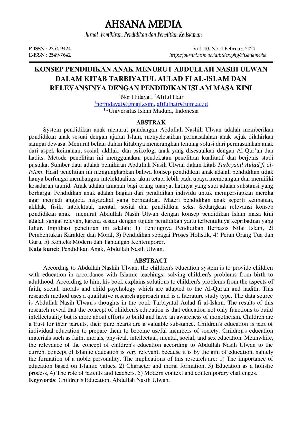 JURIS Konsep Pendidikan Anak Menurut Abdullah Nasih Ulwan dalam Kitab Tarbiyatul Aulad fi al Islam dan Relevansinya dengan Pendidikan Islam Masa Kini