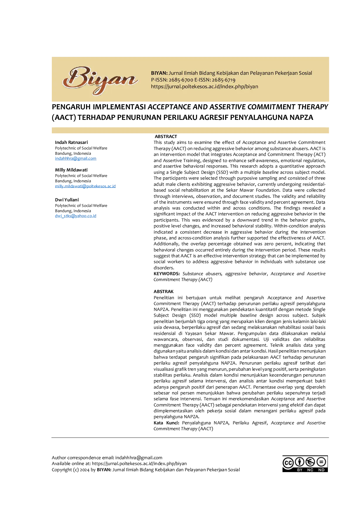 JURIS Pengaruh Implementasi Acceptance and Assertive Commitment Therapy AACT Terhadap Penurunan Perilaku Agresif Penyalahguna NAPZA