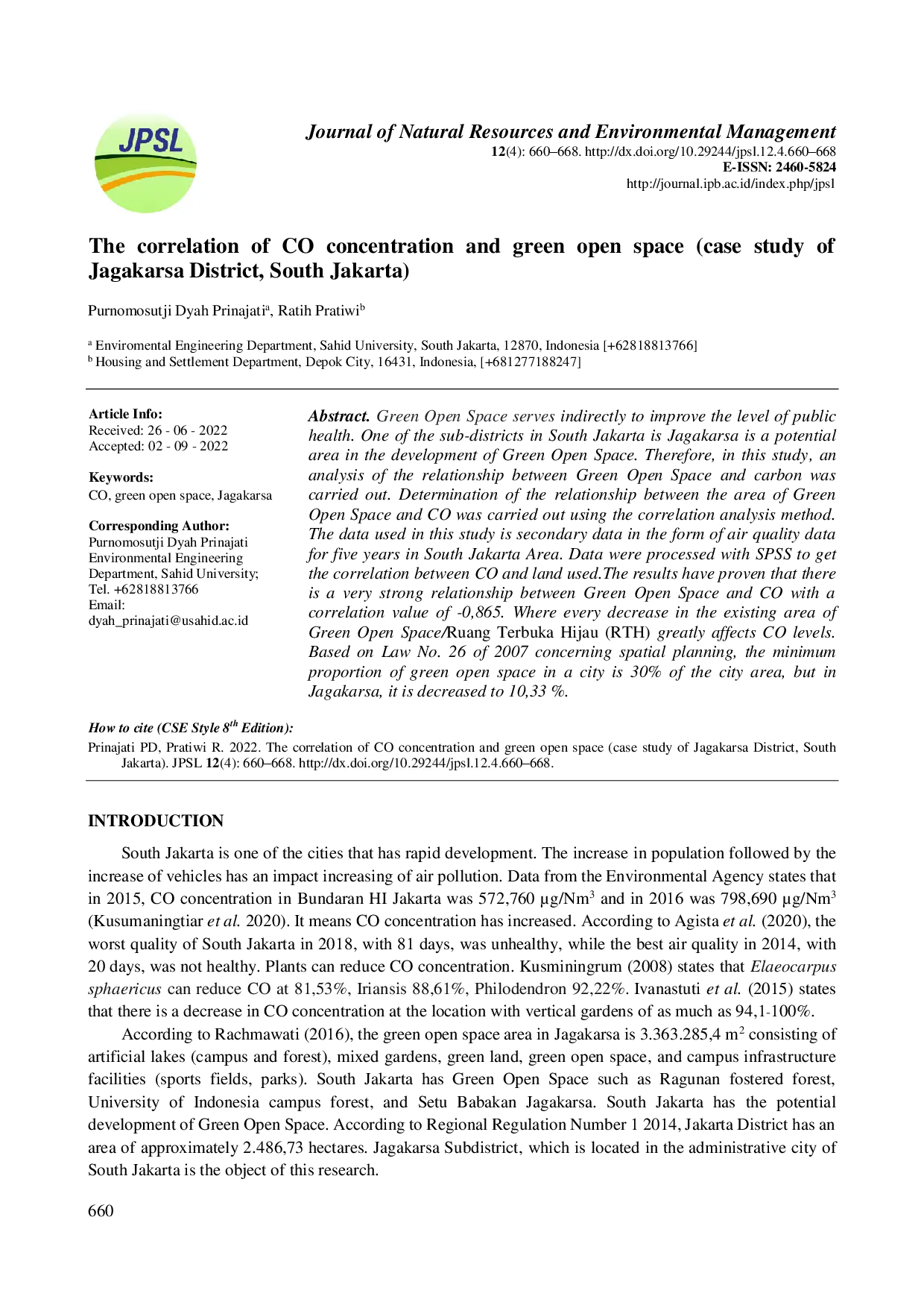 juris The correlation of CO concentration and green open space case study of Jagakarsa District South Jakarta