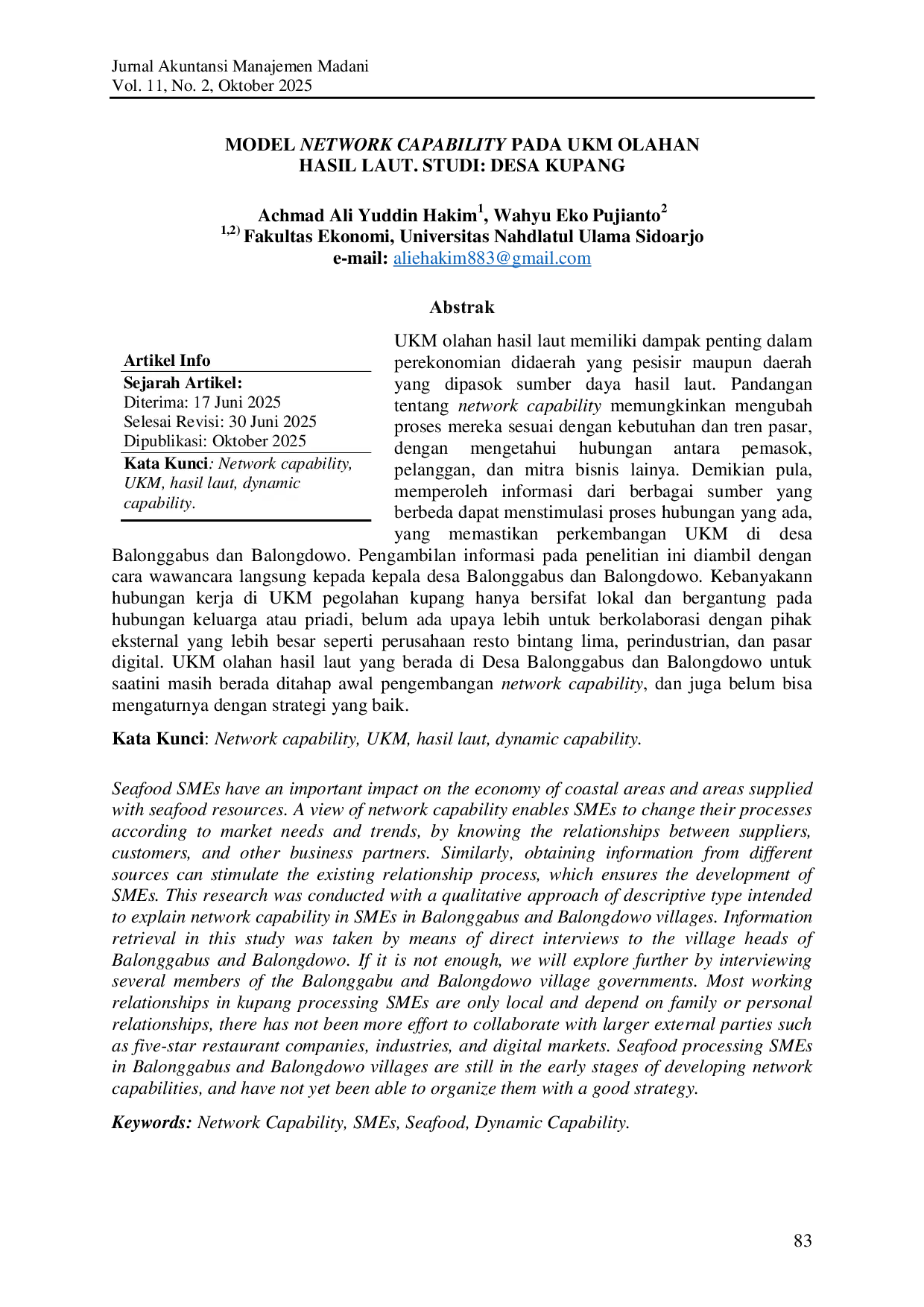 JURIS Model Network Capability pada UKM olahan hasil laut studi Desa Kupang