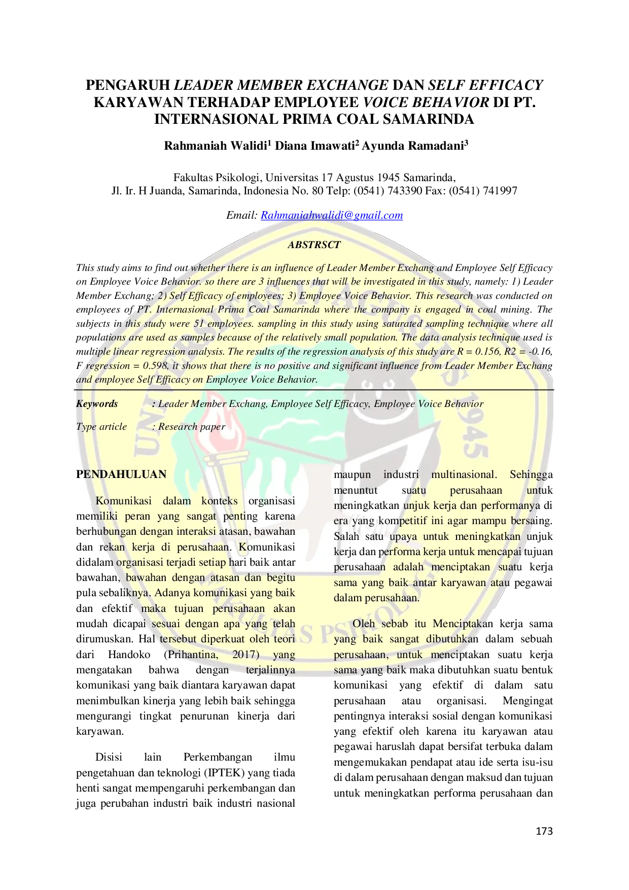 JURIS Pengaruh Leader Member Exchange dan Self Efficacy Karyawan terhadap Employee Voice Behavior di PT Internasional Prima Coal Samarinda