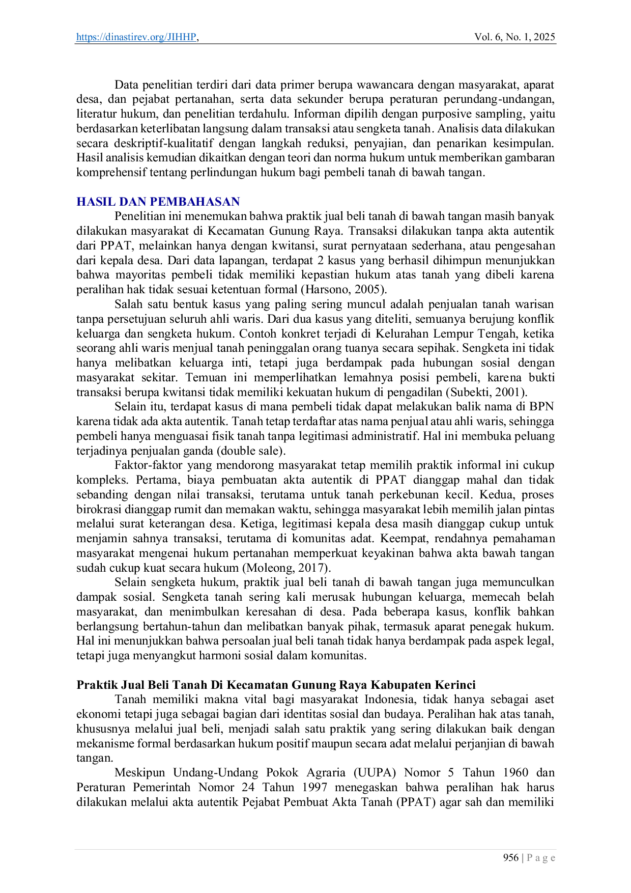 JURIS Perlindungan Hukum Terhadap Pembeli dalam Jual Beli Tanah di Bawah Tangan di Kecamatan Gunung Raya Kabupaten Kerinci