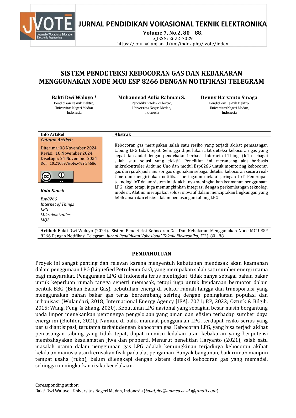 JURIS Sistem Pendeteksi Kebocoran Gas dan Kebakaran Menggunakan Node MCU ESP 8266 dengan Notifikasi Telegram