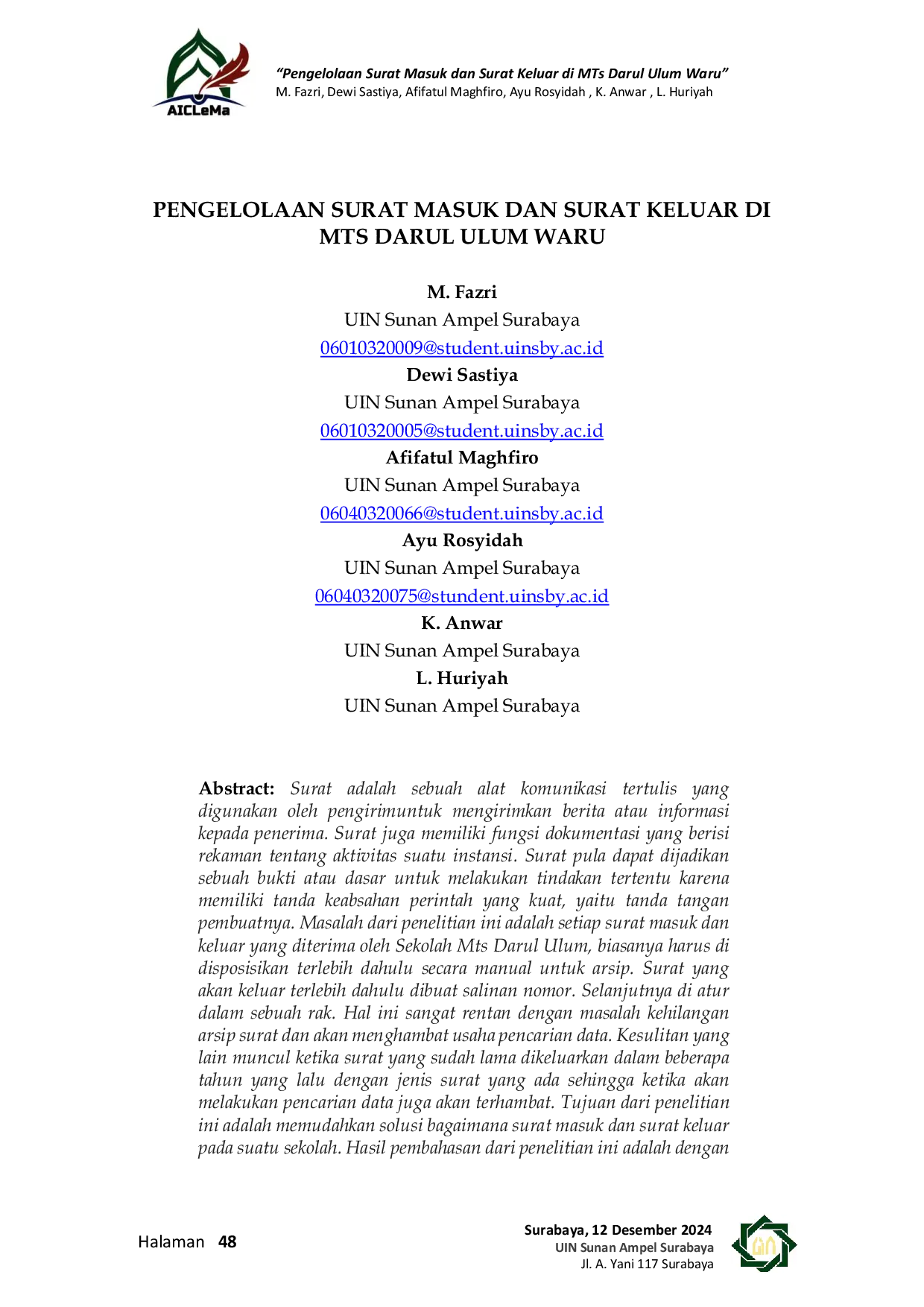 JURIS Pengelolaan Surat Masuk Dan Surat Keluar Di Mts Darul Ulum Waru