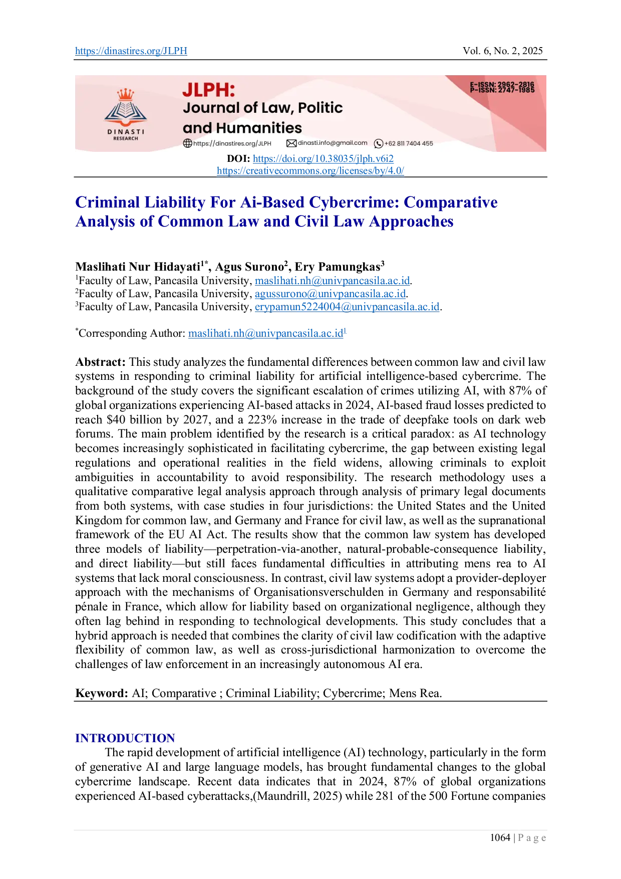 JURIS Criminal Liability For Ai Based Cybercrime Comparative Analysis Of Common Law And Civil Law Approaches