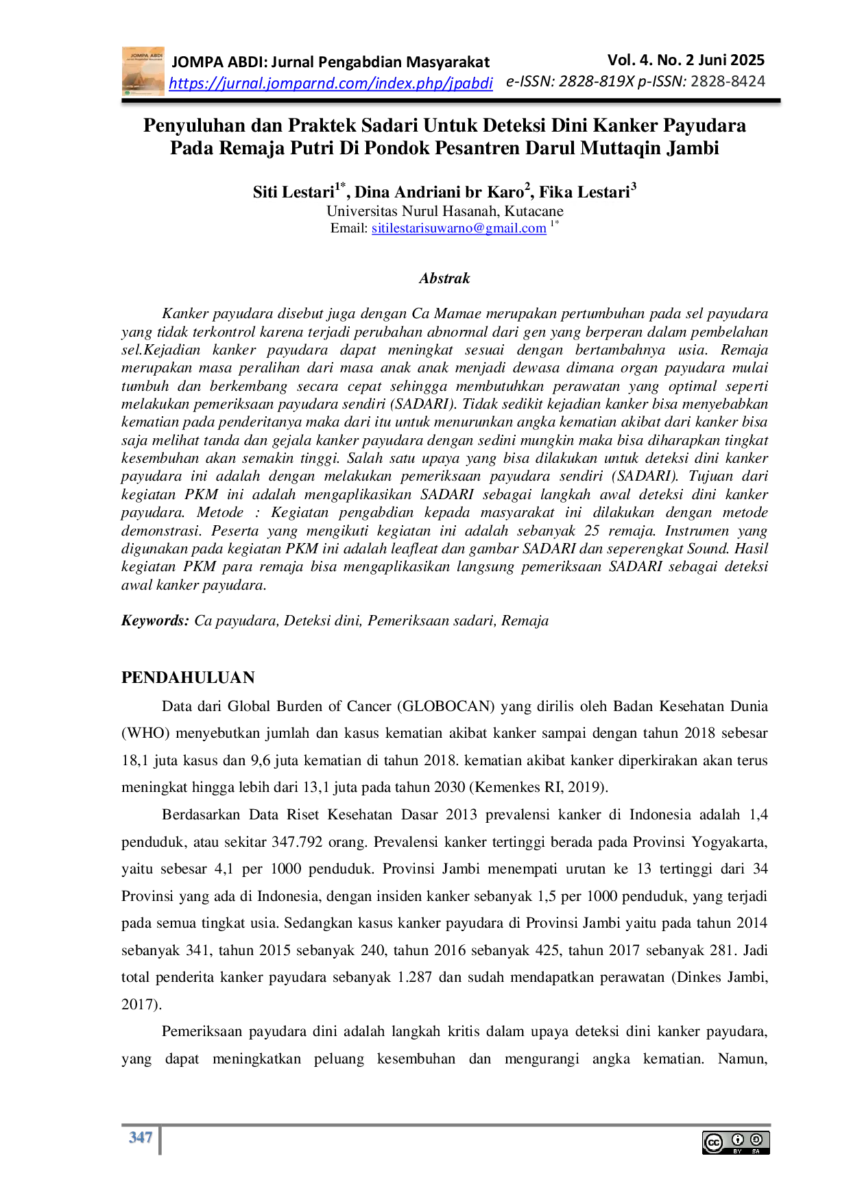 JURIS Penyuluhan dan Praktek Sadari Untuk Deteksi Dini Kanker Payudara Pada Remaja Putri Di Pondok Pesantren Darul Muttaqin Jambi