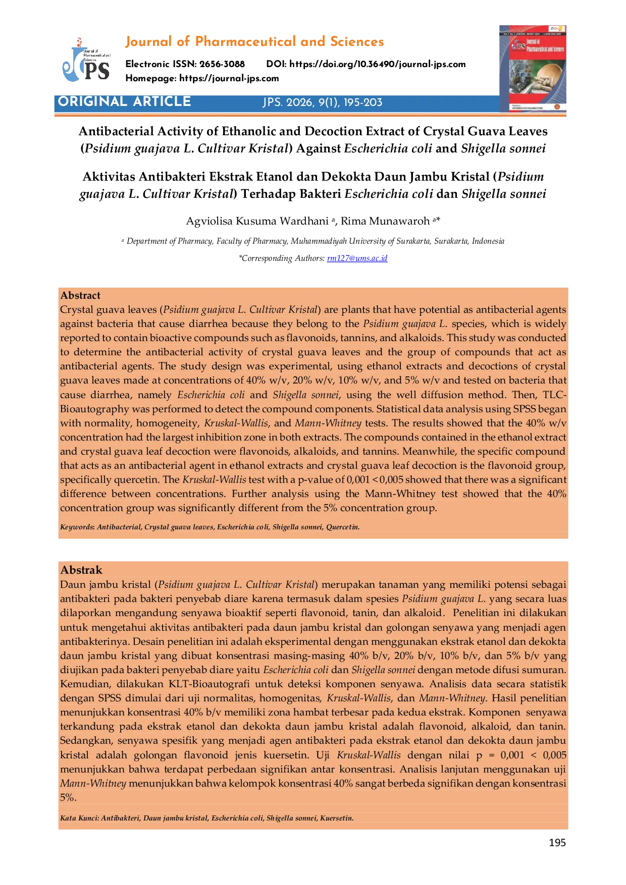 JURIS Aktivitas Antibakteri Ekstrak Etanol dan Dekokta Daun Jambu Kristal Psidium guajava L Cultivar Kristal Terhadap Bakteri Escherichia coli dan Shigella sonnei