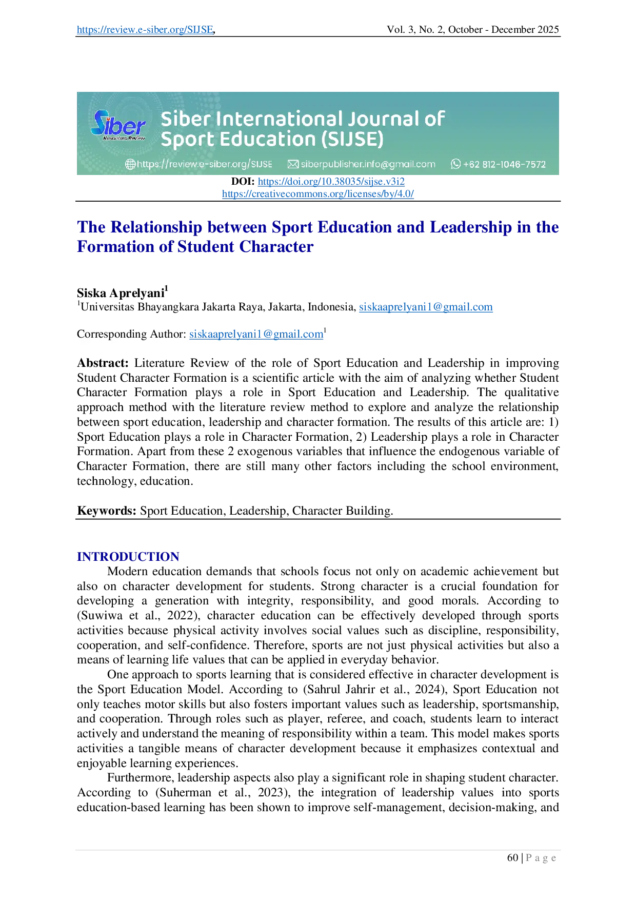 juris The Relationship between Sport Education and Leadership in the Formation of Student Character
