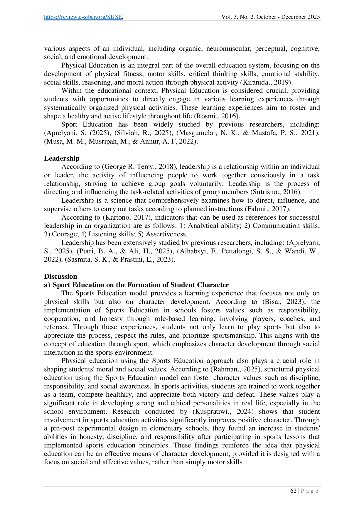 juris The Relationship between Sport Education and Leadership in the Formation of Student Character