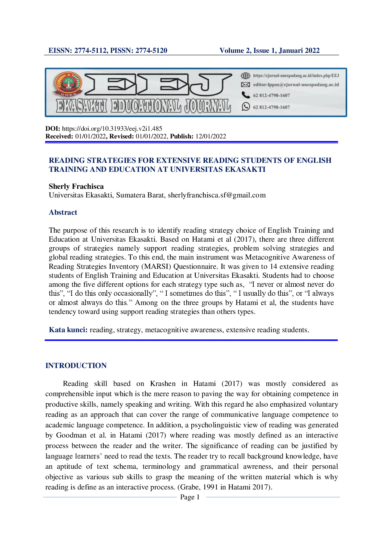 JURIS Reading Strategies for Extensive Reading Students of English Training and Education at Universitas Ekasakti