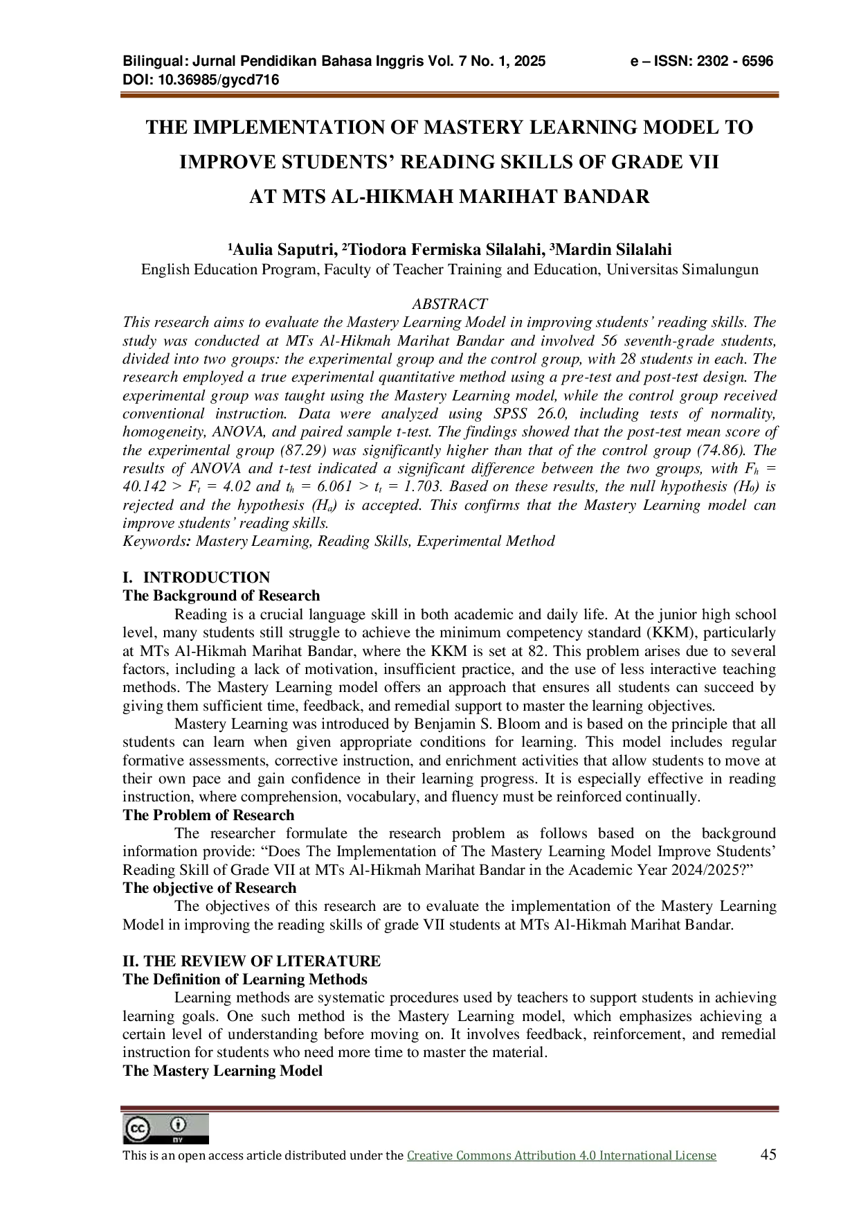 JURIS The Implementation of Mastery Learning Model to Improve Students Reading Skills of Grade VII at MTS AL Hikmah Marihat Bandar