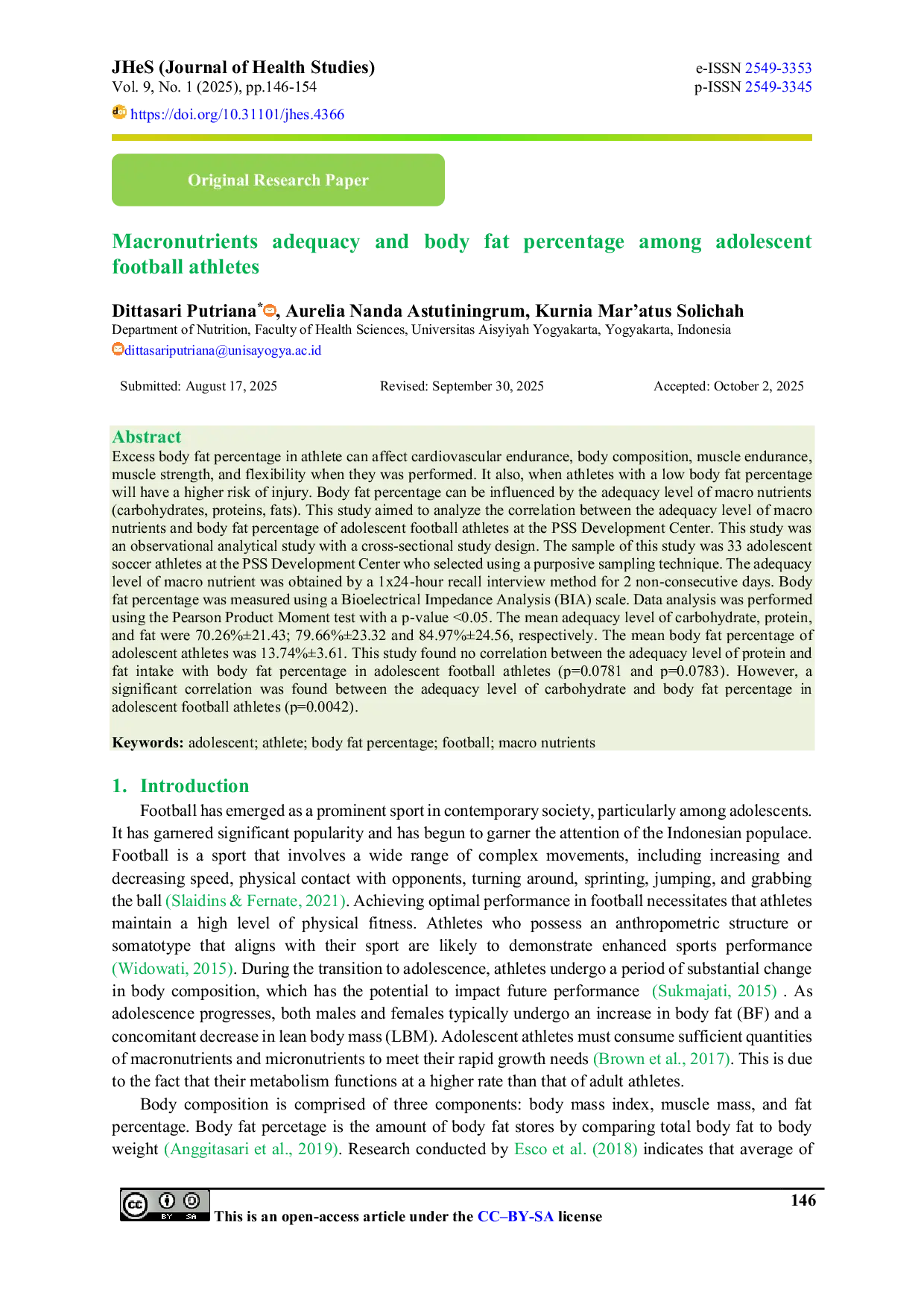 JURIS Macronutrients Adequacy and Body Fat Percentage among Adolescent Football Athletes