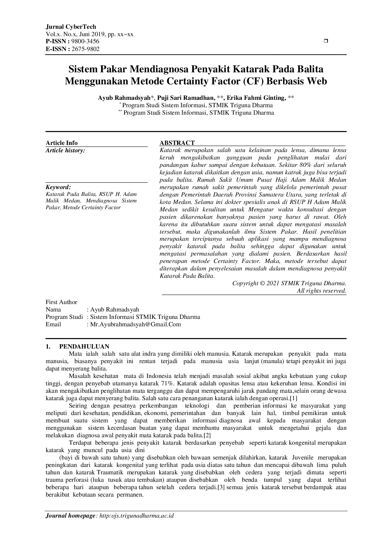 JURIS Sistem Pakar Mendiagnosa Penyakit Katarak Pada Balita Menggunakan Metode Certainty Factor CF Berbasis Web