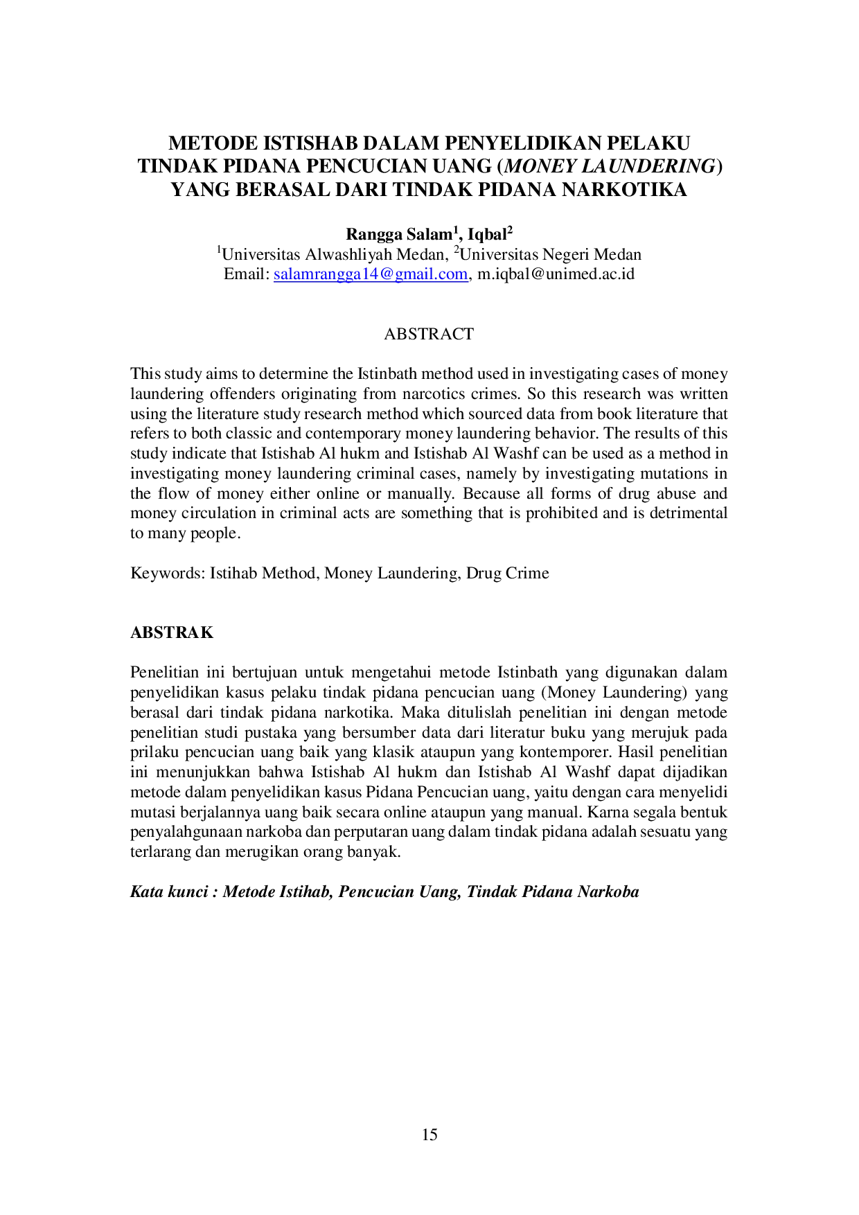 JURIS Metode Istishab Dalam Penyidikan Pelaku Tindak Pidana Pencucian Uang Money Laundering Yang Berasal Dari Tindak Pidana Narkotika