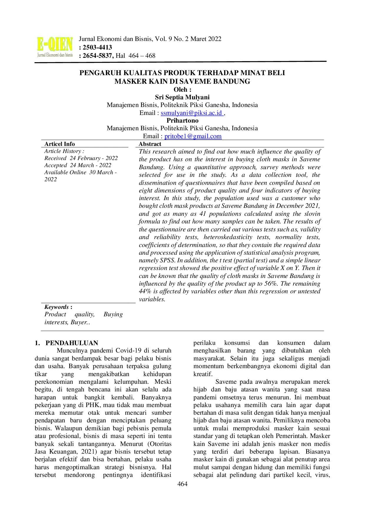 JURIS Pengaruh Kualitas Produk Terhadap Minat Beli Masker Kain Di Saveme Bandung