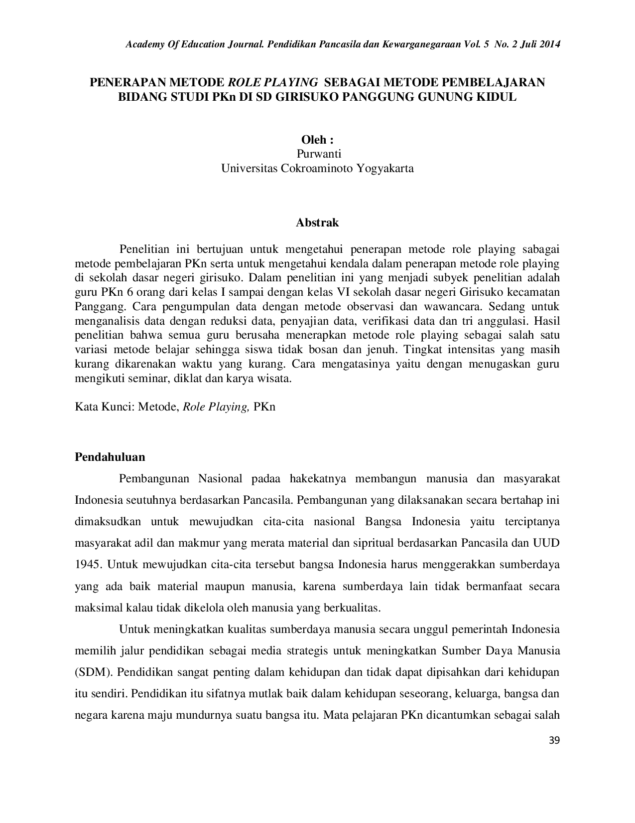 JURIS PENERAPAN METODE ROLE PLAYING SEBAGAI METODE PEMBELAJARAN BIDANG STUDI PKn DI SD GIRISUKO PANGGUNG GUNUNG KIDUL