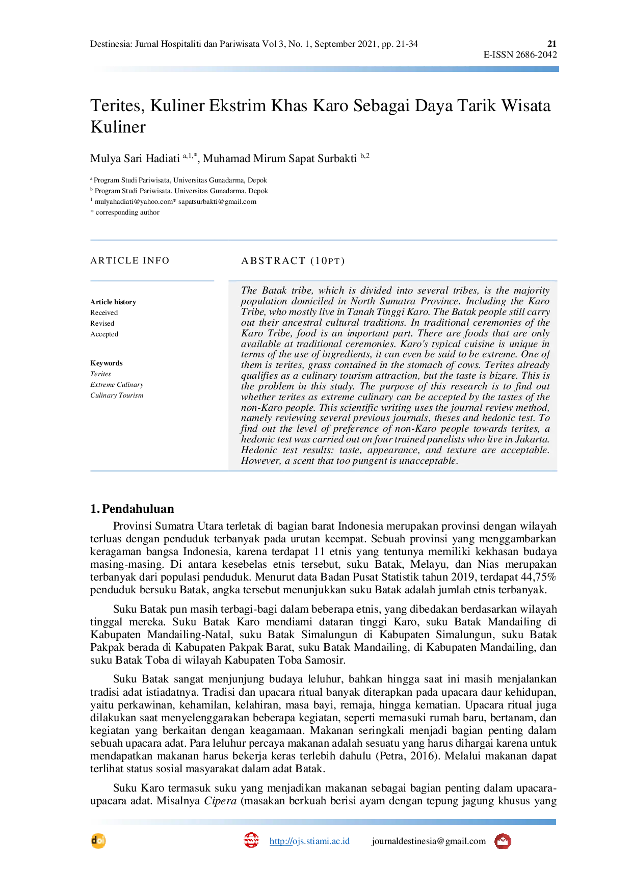 JURIS Terites Kuliner Ekstrim Khas Karo Sebagai Daya Tarik Wisata Kuliner