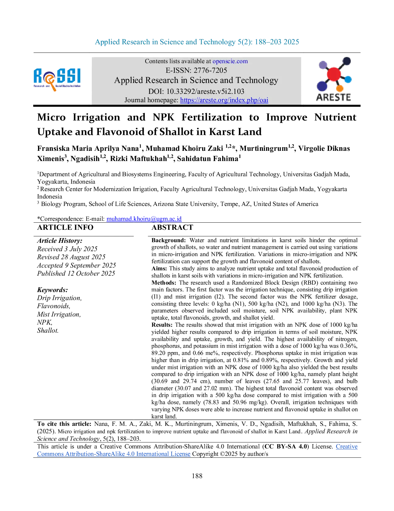 JURIS Micro Irrigation and NPK Fertilization to Improve Nutrient Uptake and Flavonoid of Shallot in Karst Land