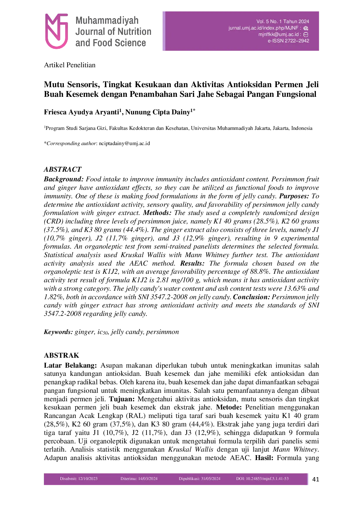 JURIS Mutu Sensoris Tingkat Kesukaan dan Aktivitas Antioksidan Permen Jeli Buah Kesemek dengan Penambahan Sari Jahe Sebagai Pangan Fungsional