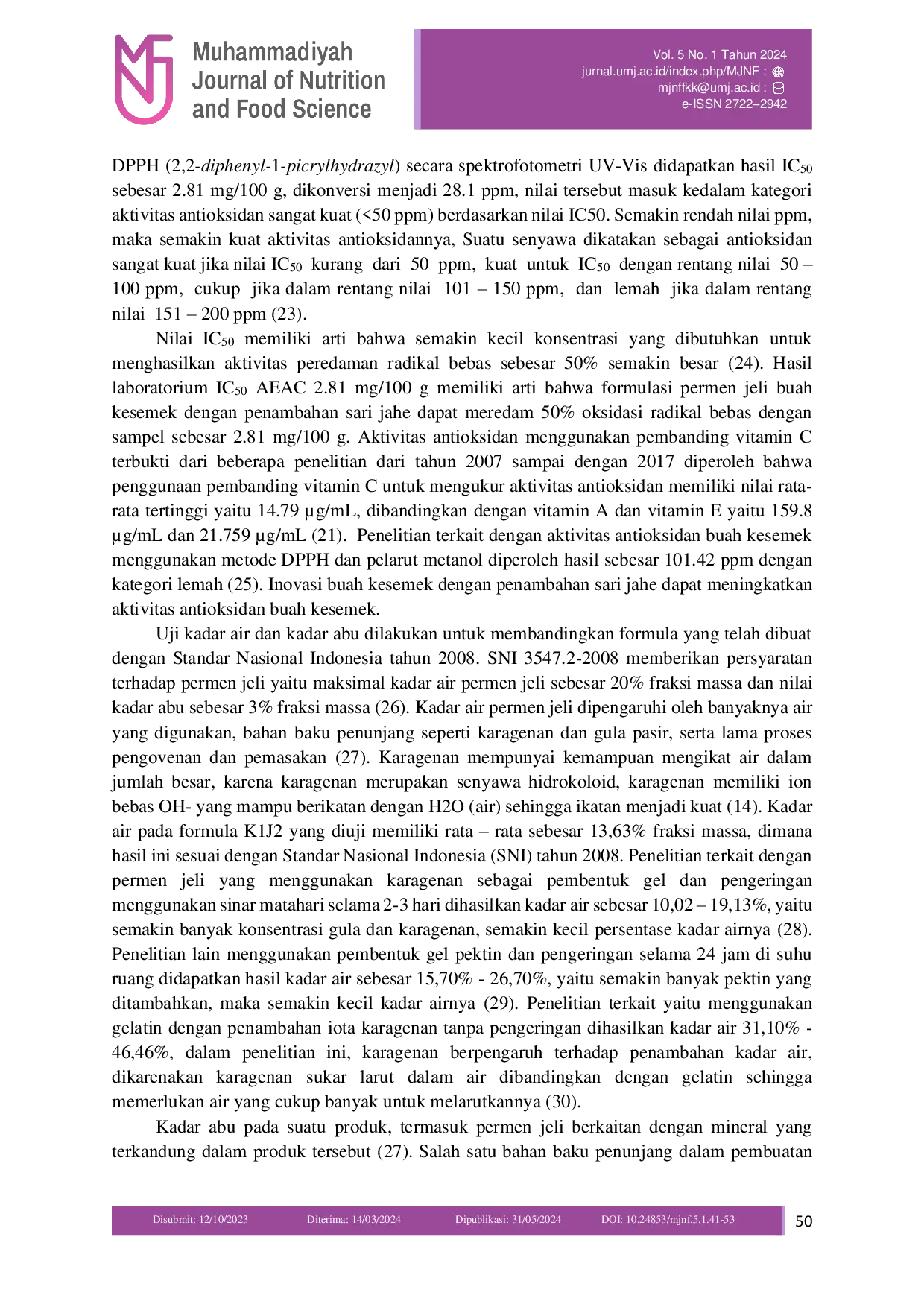 JURIS Mutu Sensoris Tingkat Kesukaan dan Aktivitas Antioksidan Permen Jeli Buah Kesemek dengan Penambahan Sari Jahe Sebagai Pangan Fungsional