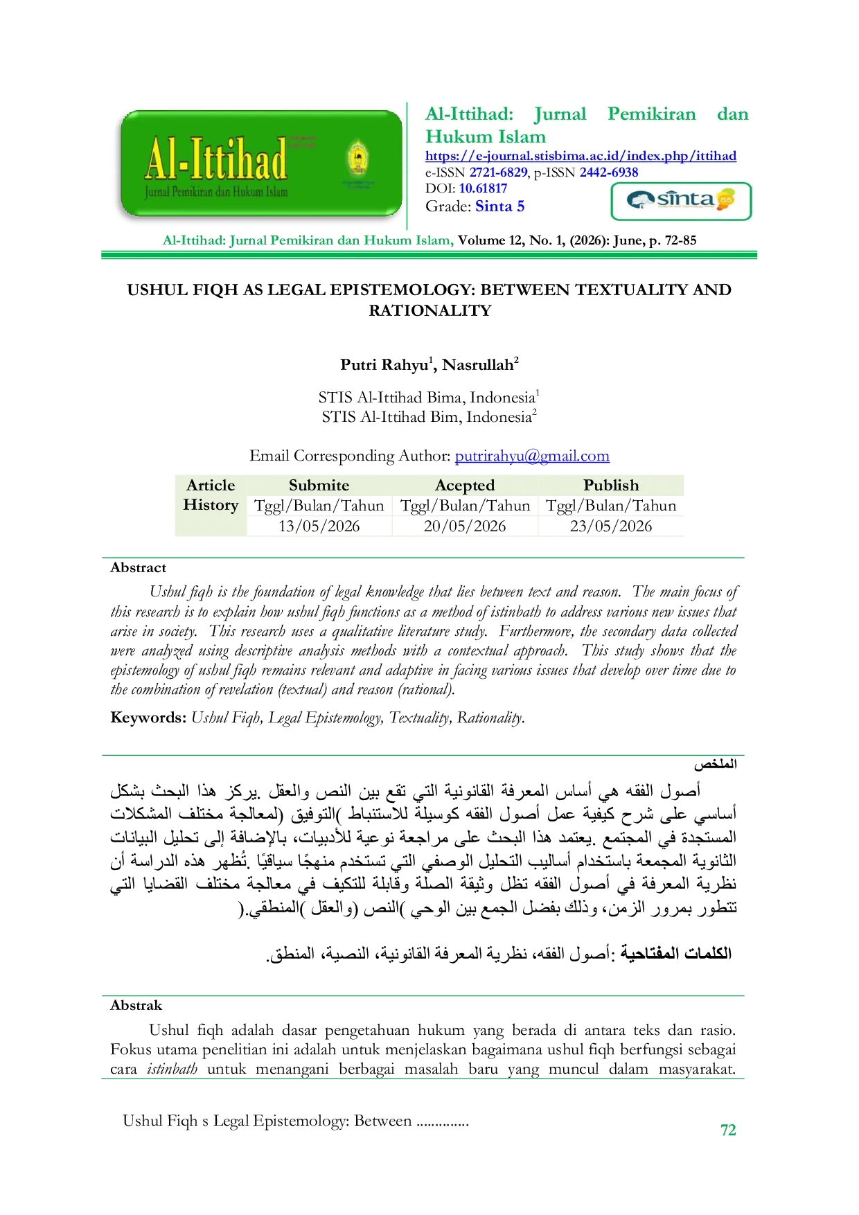 JURIS Ushul Fiqh as Legal Epistemology Between Textuality and Rationality
