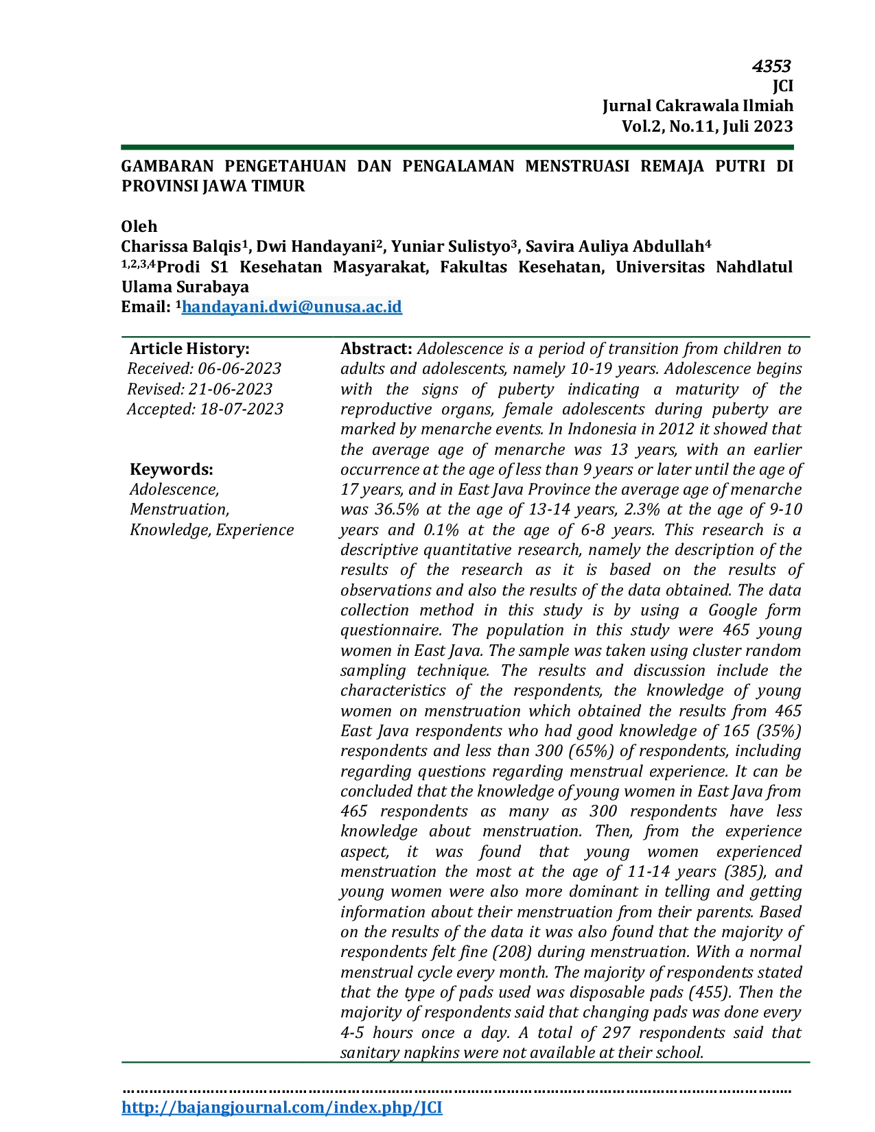 JURIS Gambaran Pengetahuan Dan Pengalaman Menstruasi Remaja Putri Di Provinsi Jawa Timur