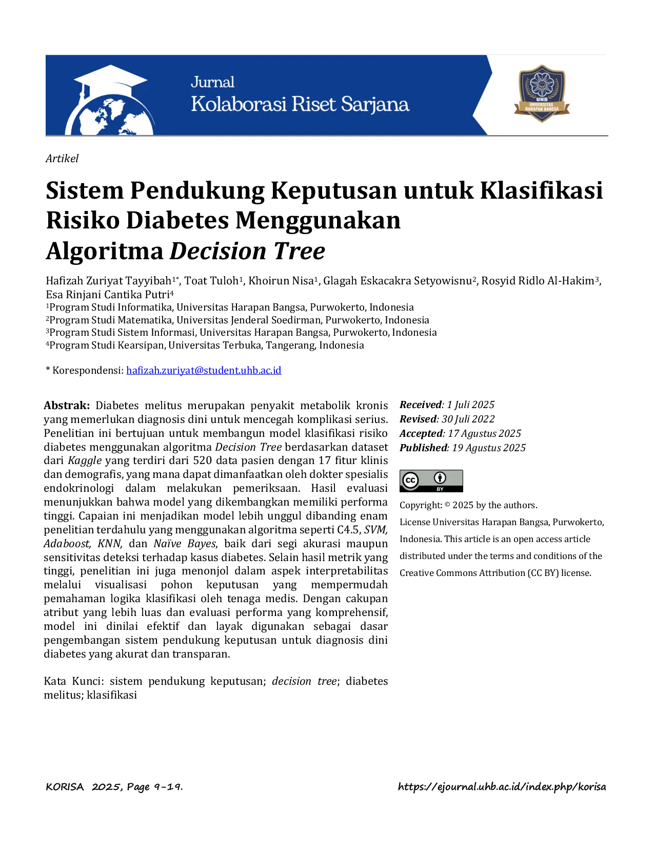 JURIS Sistem Pendukung Keputusan untuk Klasifikasi Risiko Diabetes Menggunakan Algoritma Decision Tree