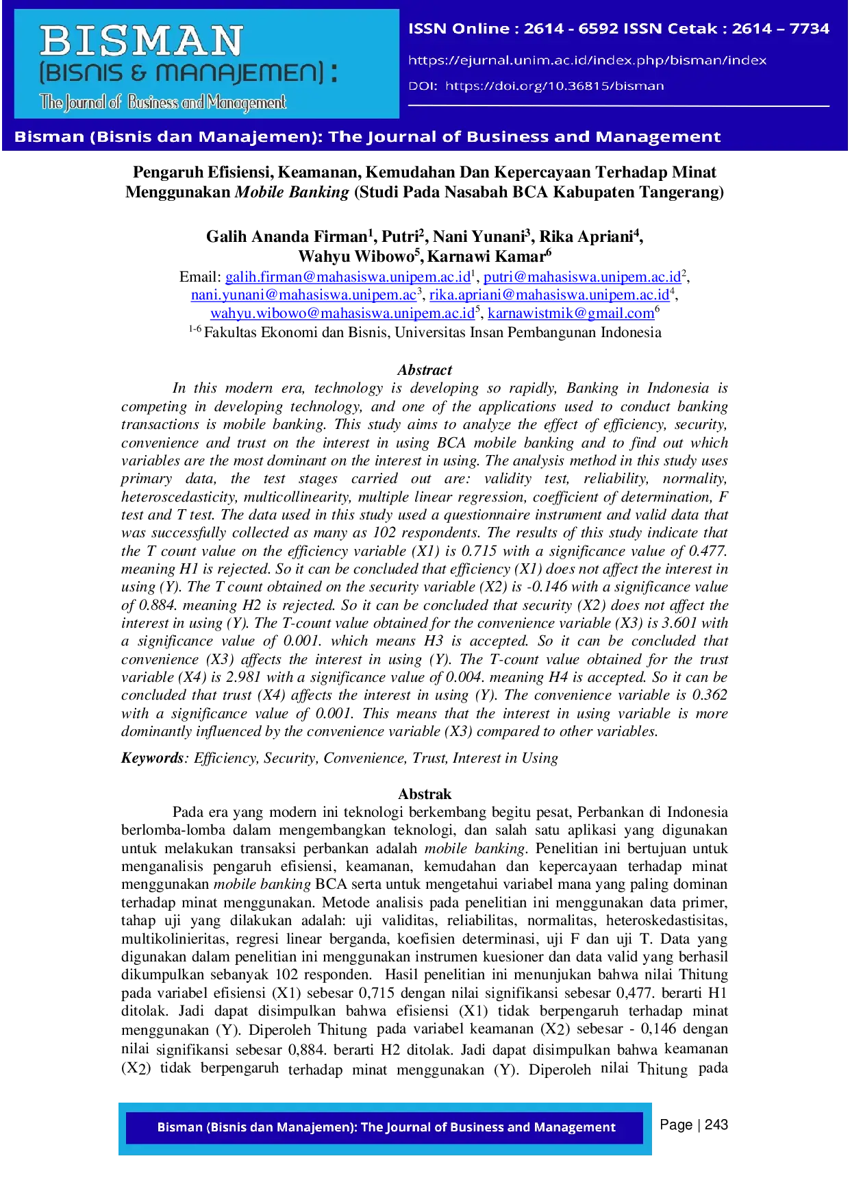 JURIS PENGARUH EFISIENSI KEAMANAN KEMUDAHAN DAN KEPERCAYAAN TERHADAP MINAT MENGGUNAKAN MOBILE BANKING STUDI PADA NASABAH BCA KABUPATEN TANGERANG Studi Pada Nasabah BCA Kabupaten Tangerang