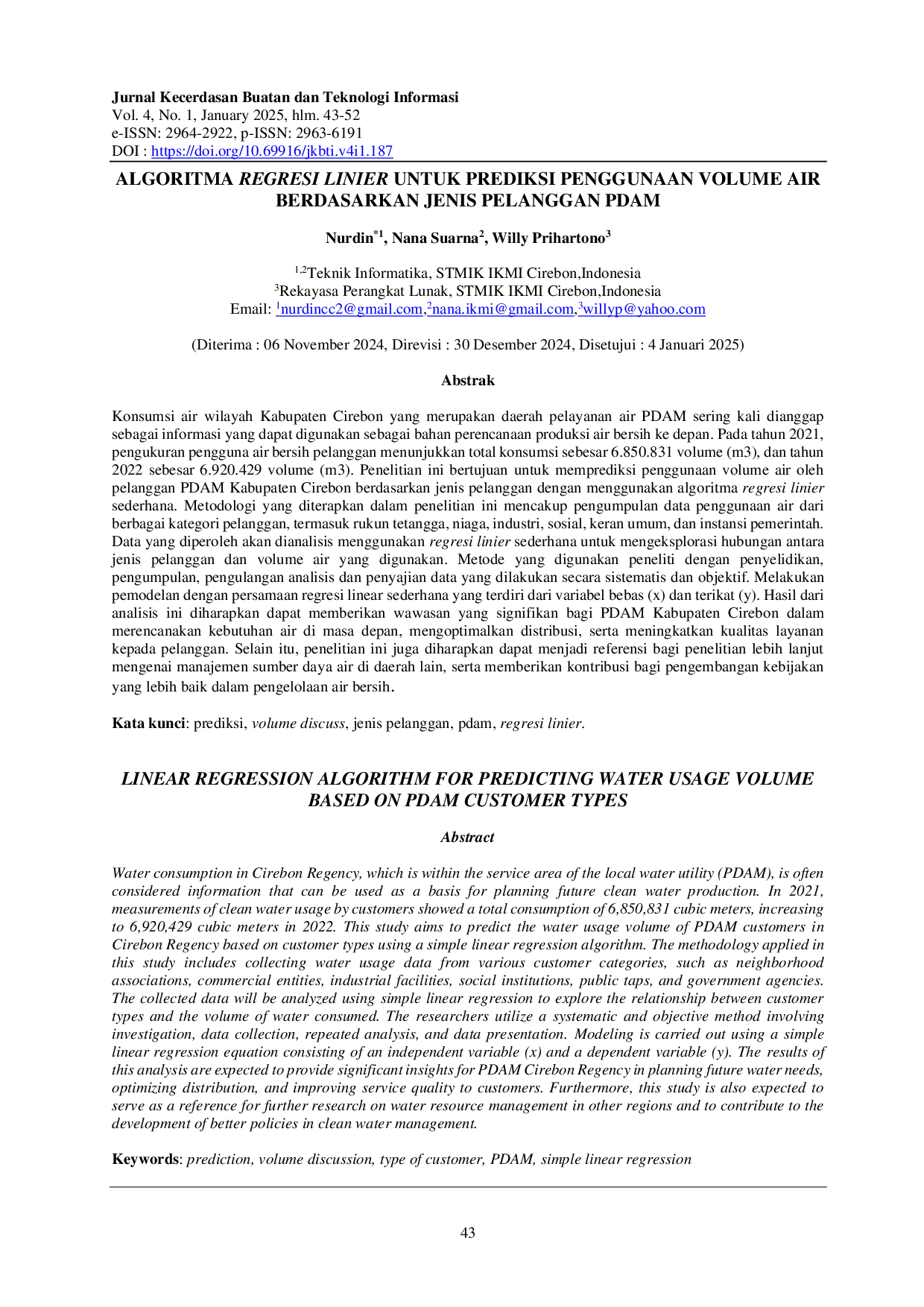 juris Algoritma Regresi Linier Untuk Prediksi Penggunaan Volume Air Berdasarkan Jenis Pelanggan PDAM