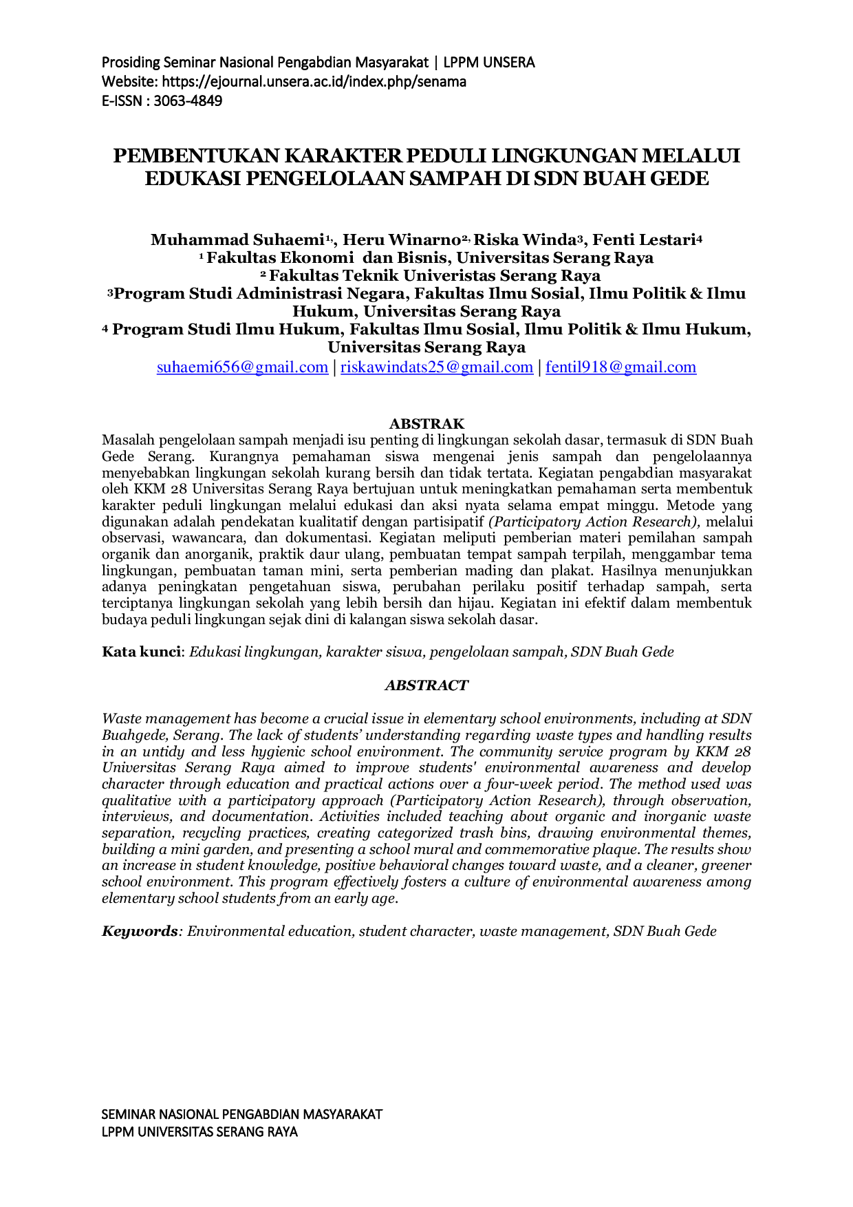 JURIS Pembentukan Karakter Peduli Lingkungan Melalui Edukasi Pengelolaan Sampah di SDN Buah Gede