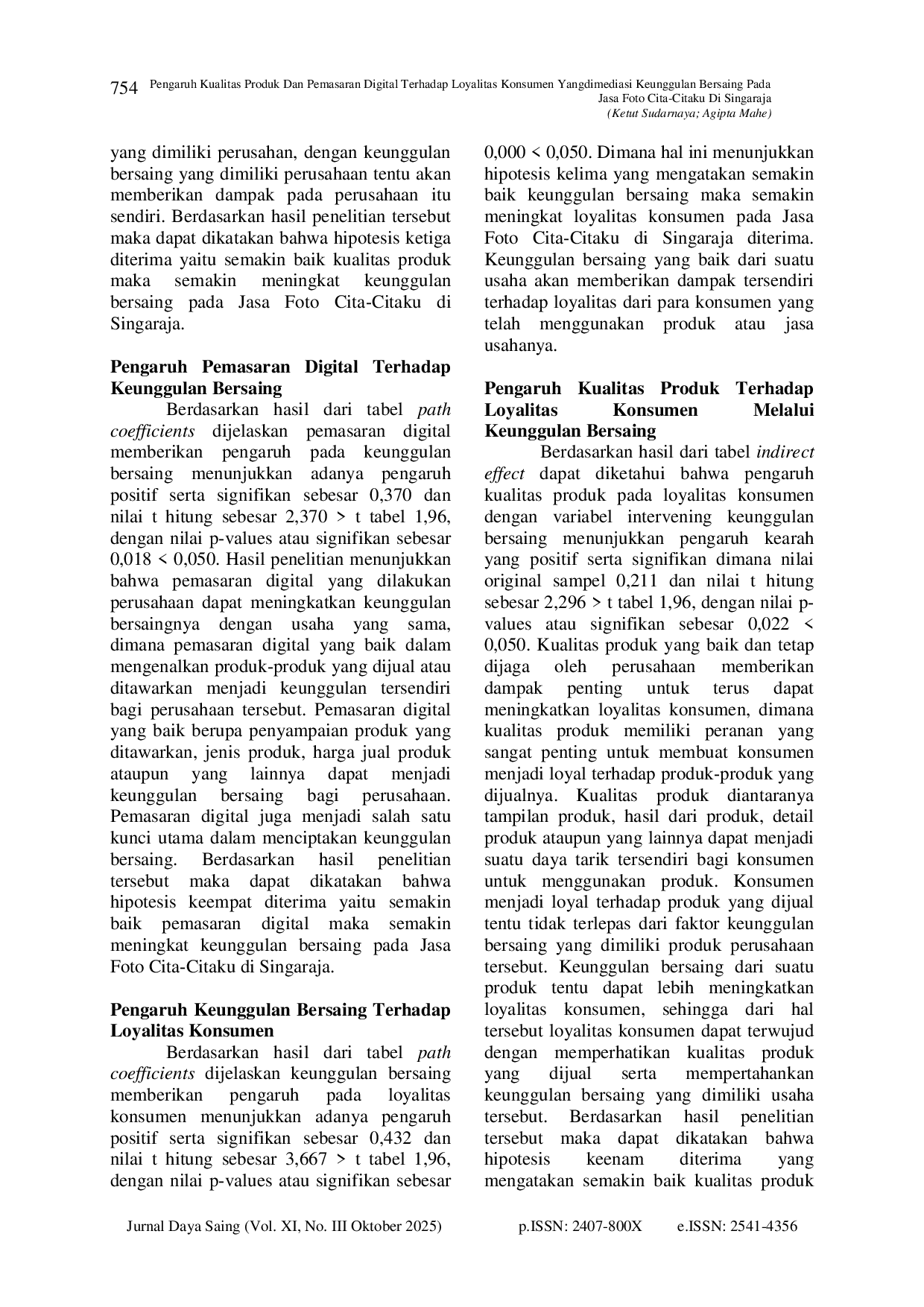JURIS Pengaruh Kualitas Produk Dan Pemasaran Digital Terhadap Loyalitas Konsumen Yang Dimediasi Keunggulan Bersaing Pada Jasa Foto CitaAcCitaku Di Singaraja