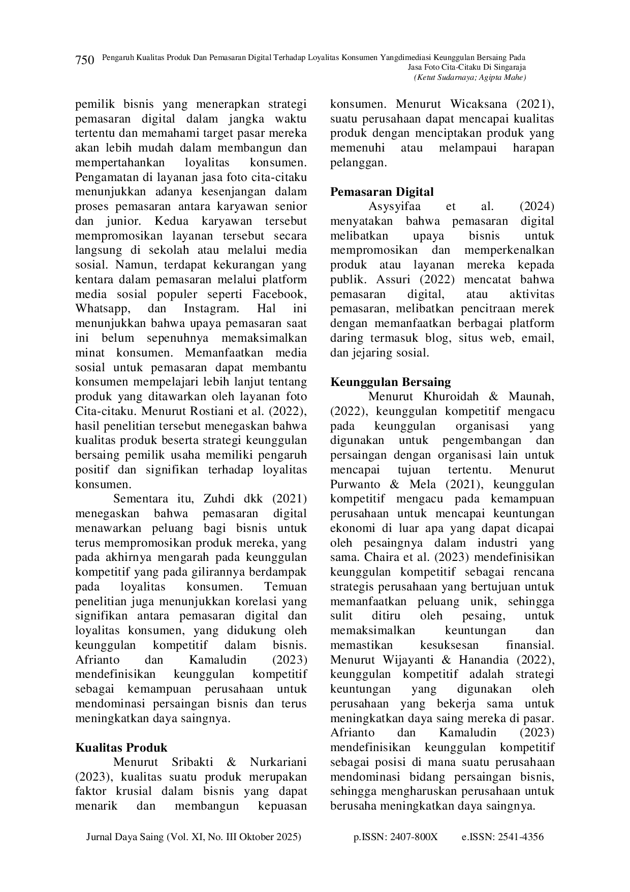 JURIS Pengaruh Kualitas Produk Dan Pemasaran Digital Terhadap Loyalitas Konsumen Yang Dimediasi Keunggulan Bersaing Pada Jasa Foto CitaAcCitaku Di Singaraja