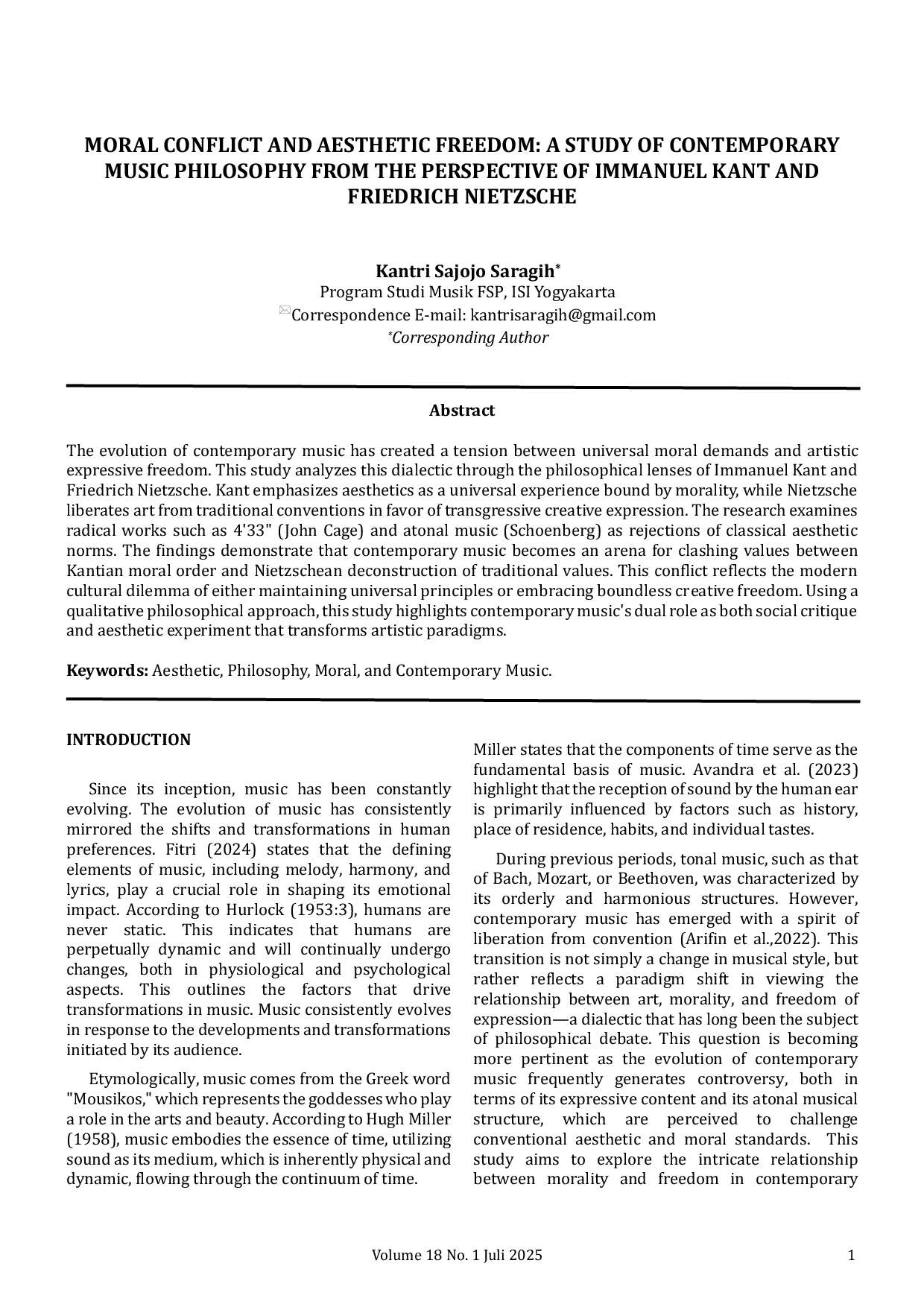 JURIS Moral Conflict and Aesthetic Freedom A Study of Contemporary Music Philosophy from the Perspective of Immanuel Kant and Friedrich Nietzsche