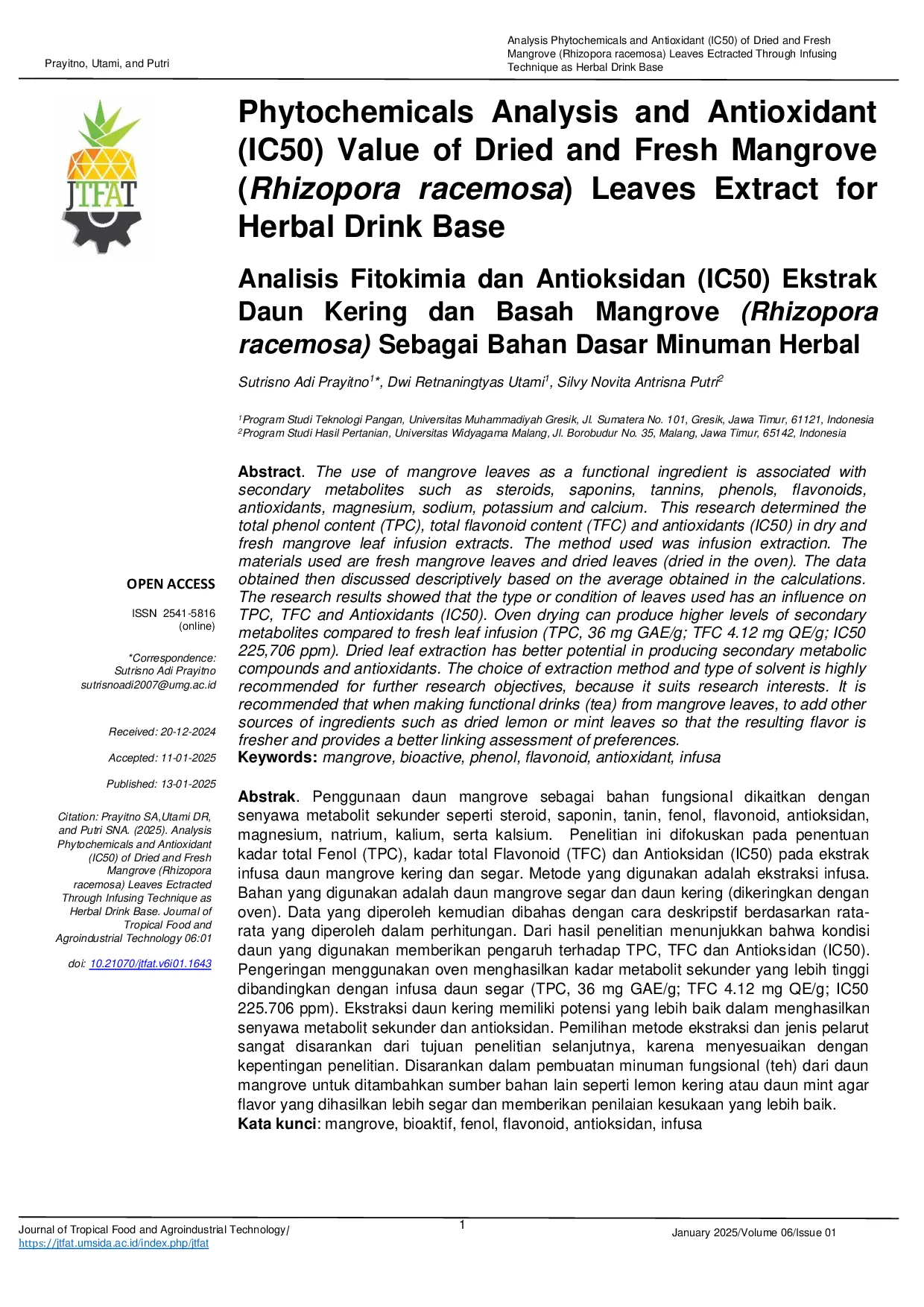 JURIS Analysis Phytochemicals And Antioxidant Ic50 Of Dried And Fresh Mangrove Rhizopora Racemosa Leaves Ectracted Through Infusing Technique As Herbal Drink Base